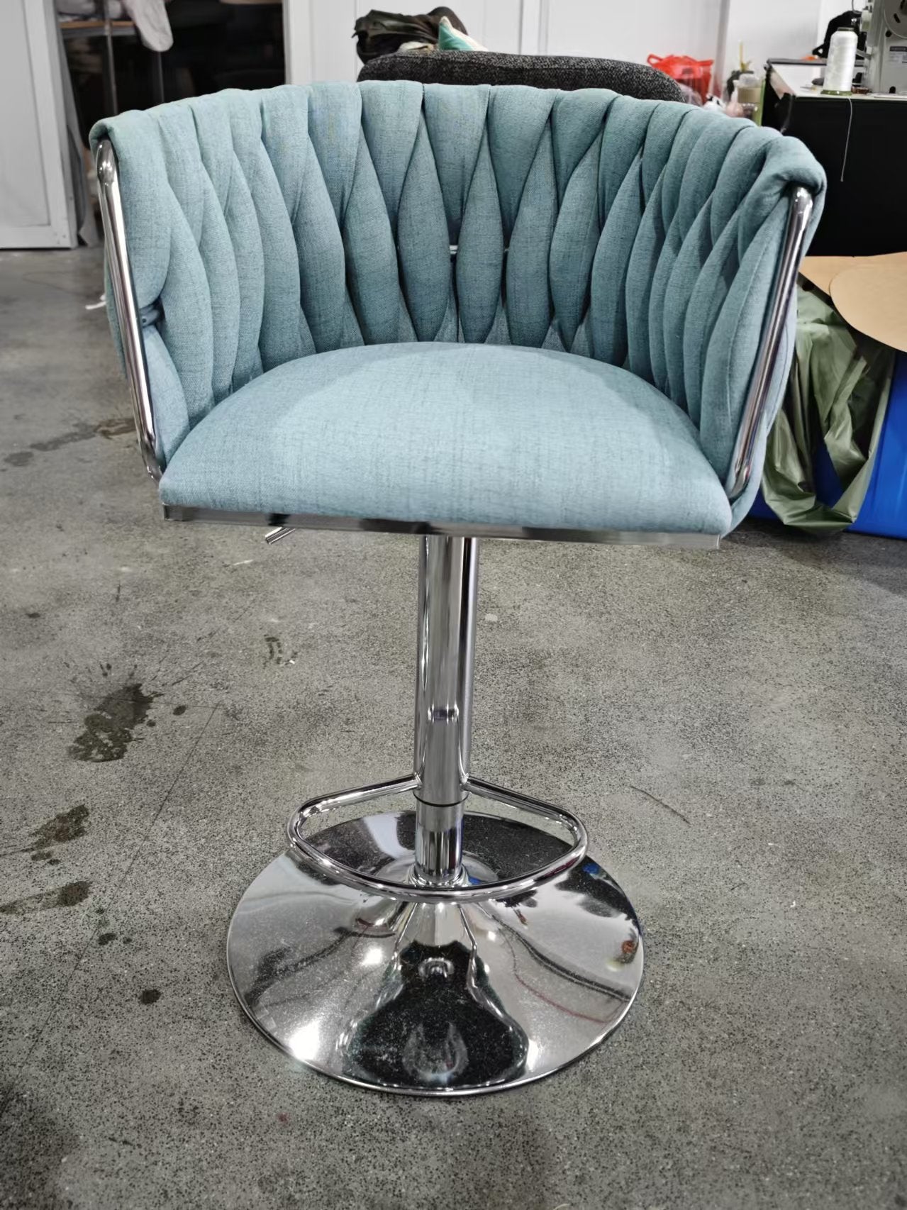 Sky blue velvet tufted bar stool with chrome base and adjustable height