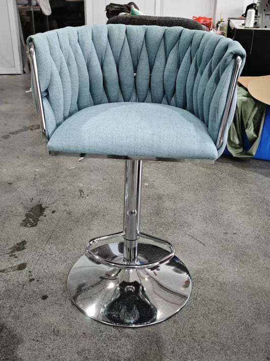Sky blue velvet tufted bar stool with chrome base and adjustable height