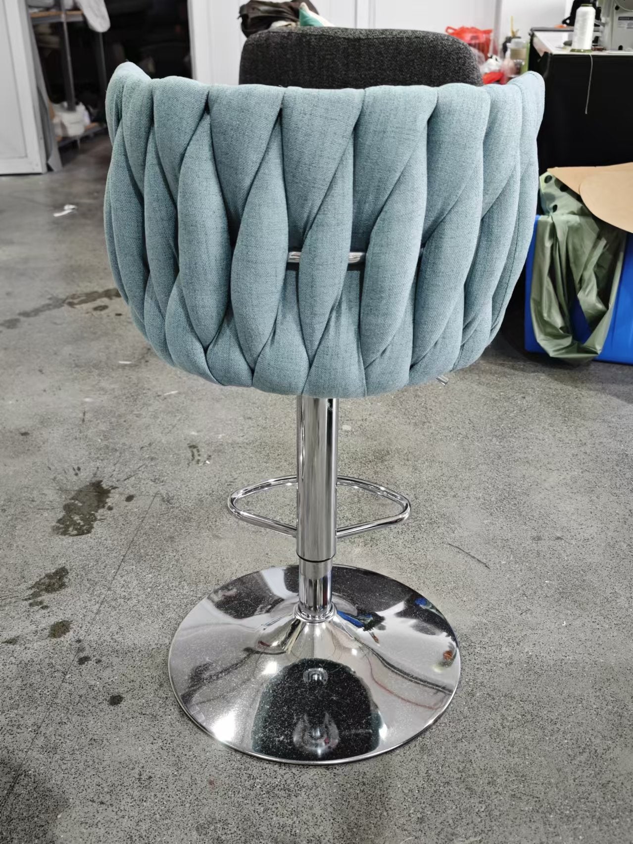 Pale blue braided velvet bar stool with chrome base and footrest