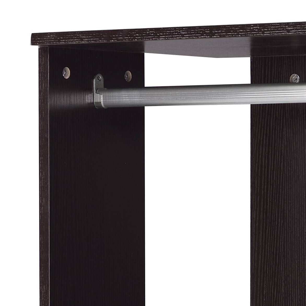 Dark brown laminate wardrobe interior with silver hanging rail
