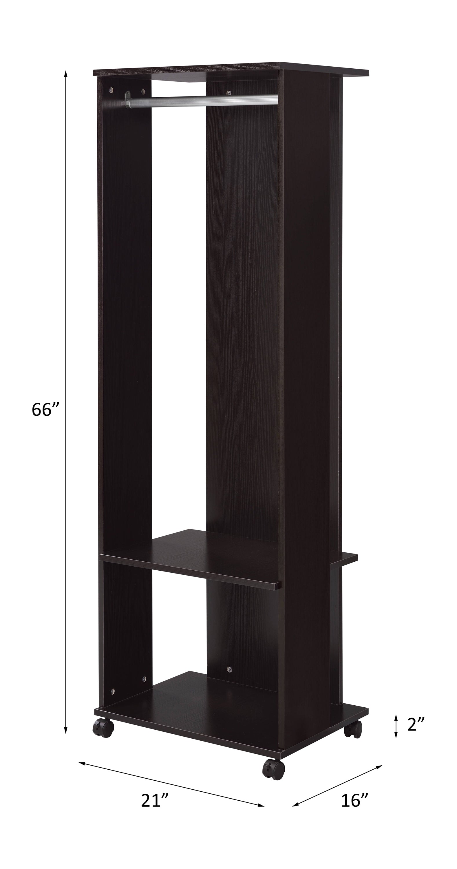 Dark brown garment rack with hanging bar and two shelves