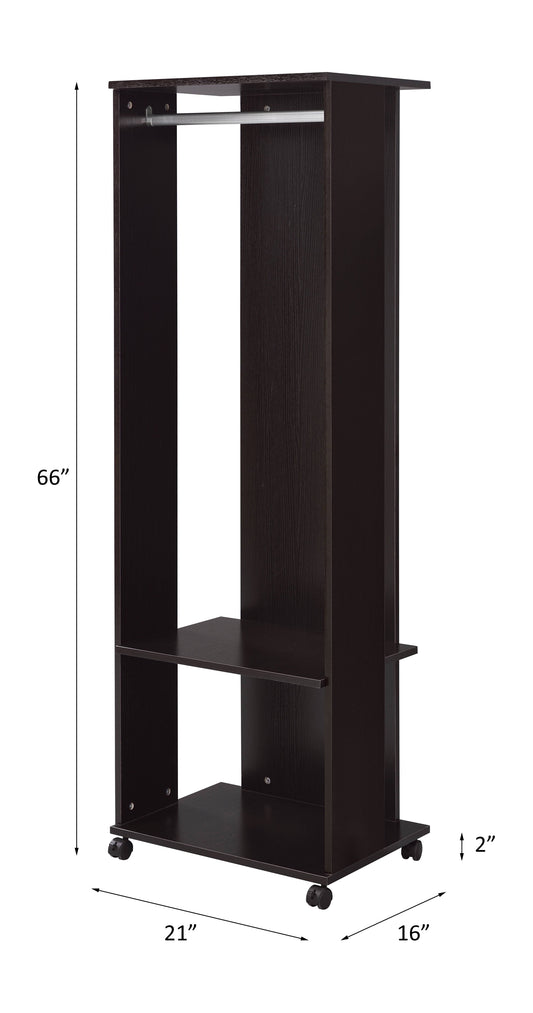 Dark brown garment rack with hanging bar and two shelves