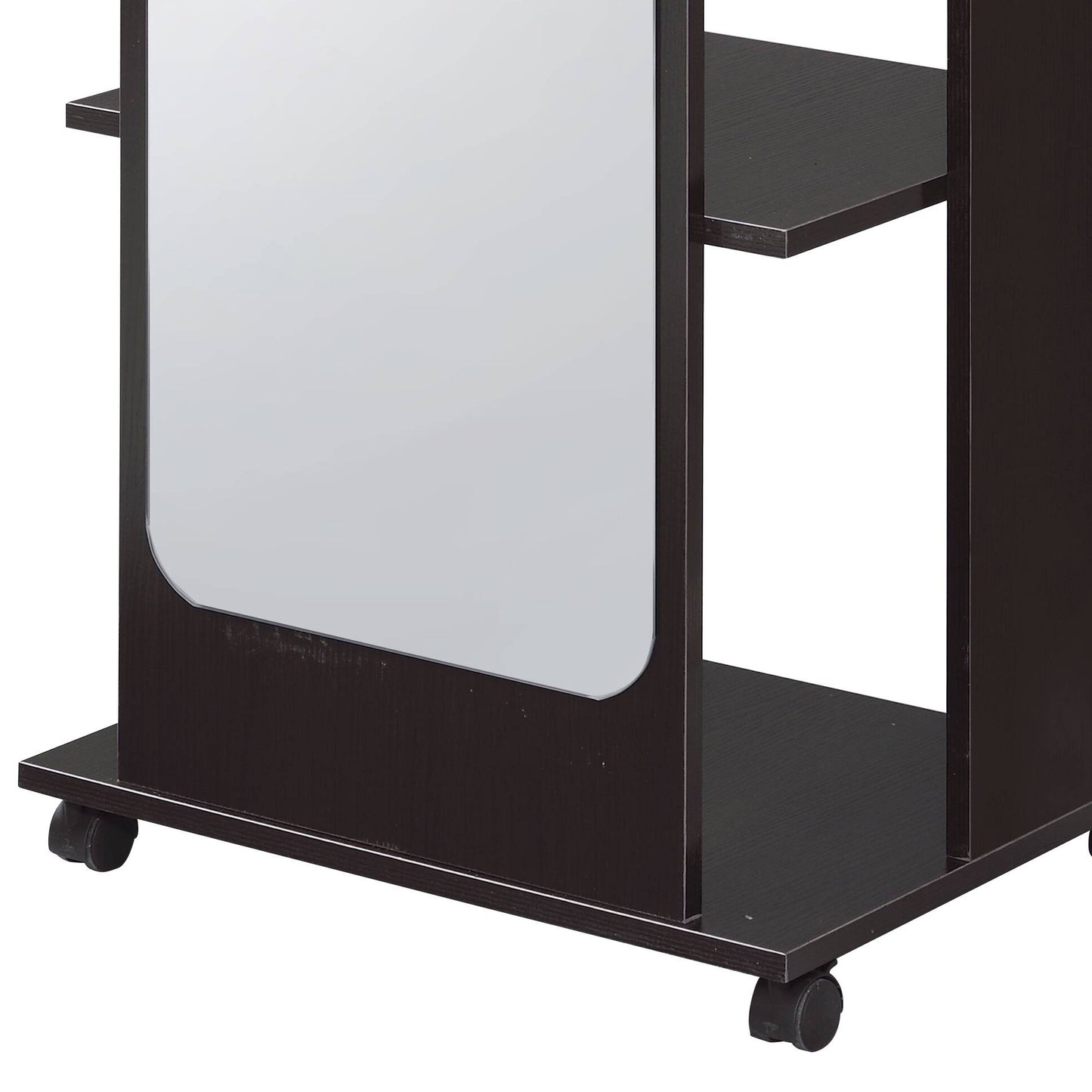Dark wood rolling cart with a mirrored front panel and open shelving