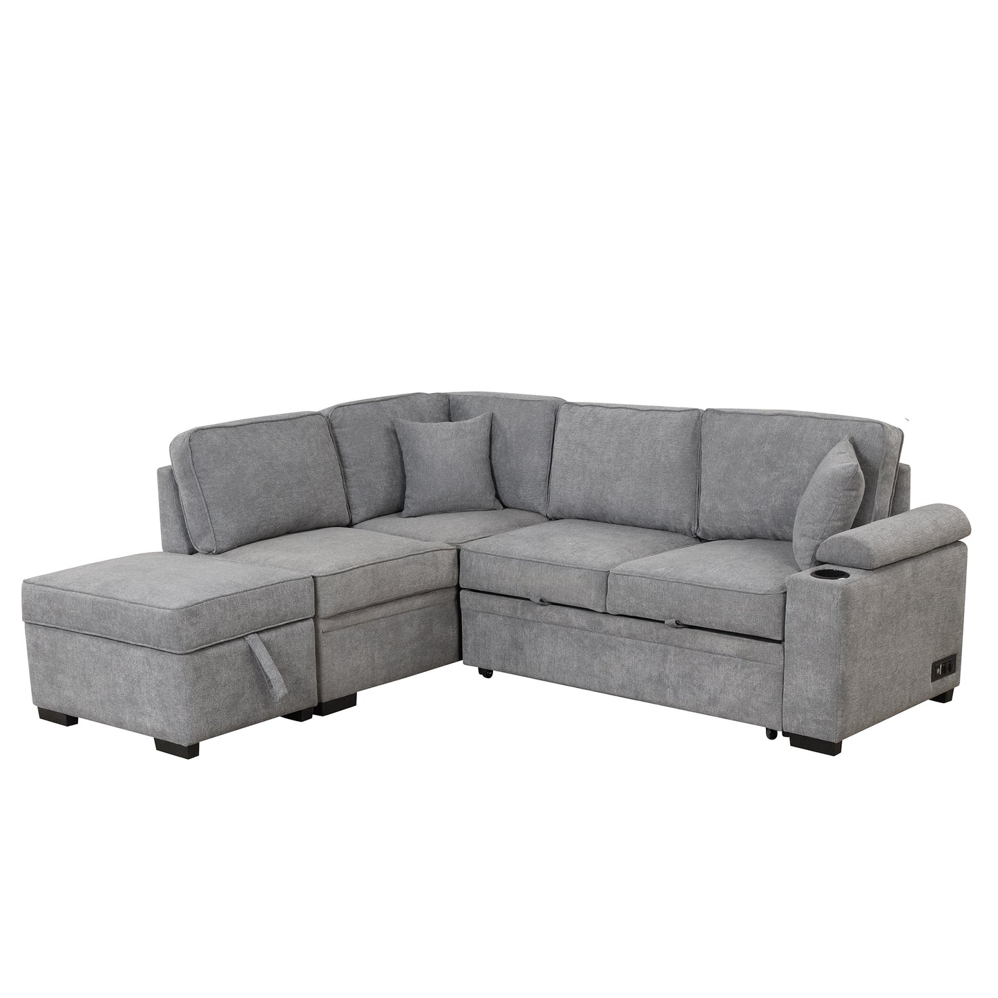Gray sectional couch with chaise linen fabric storage ottoman and cup holder
