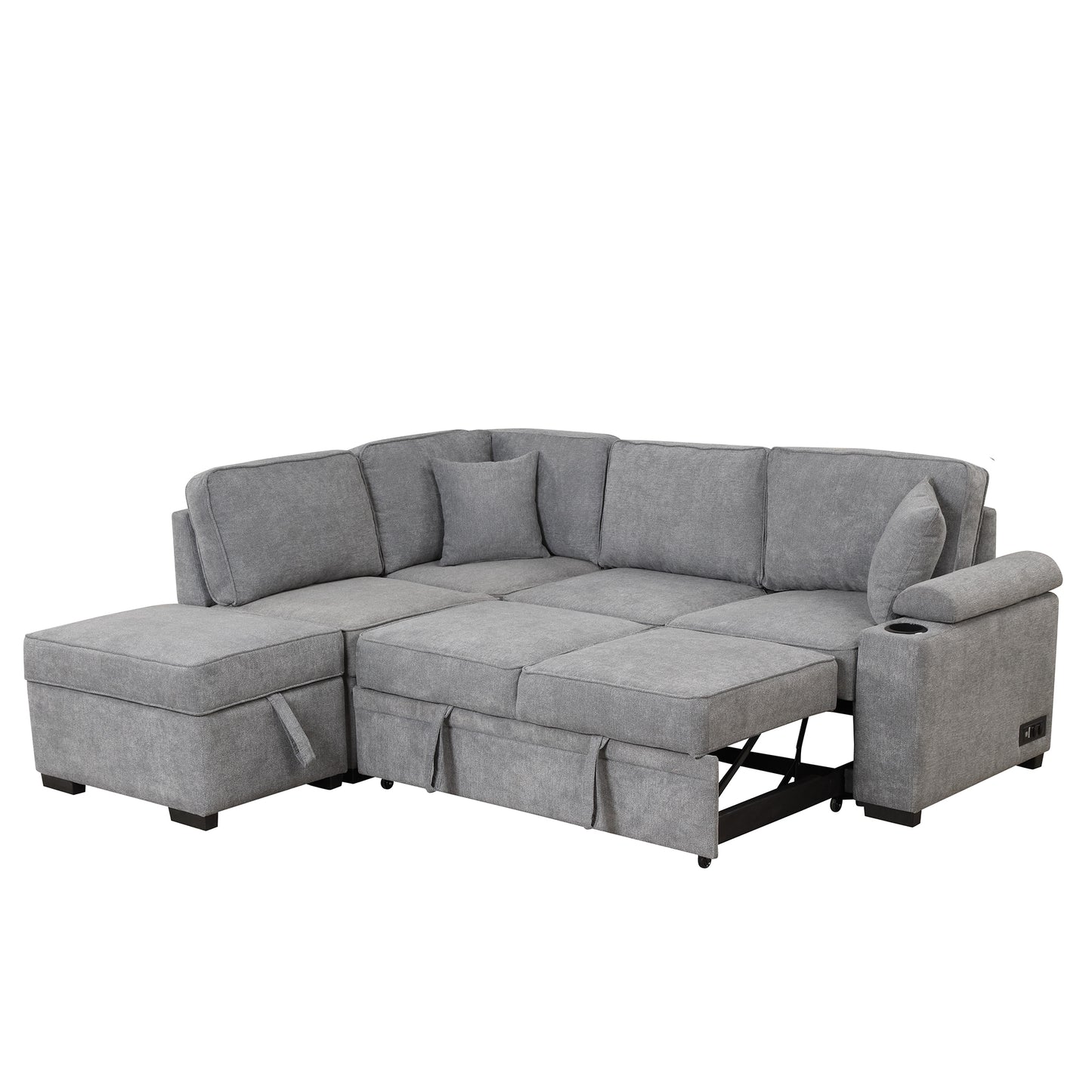 Grey fabric sectional sofa with pullout bed and storage chaise
