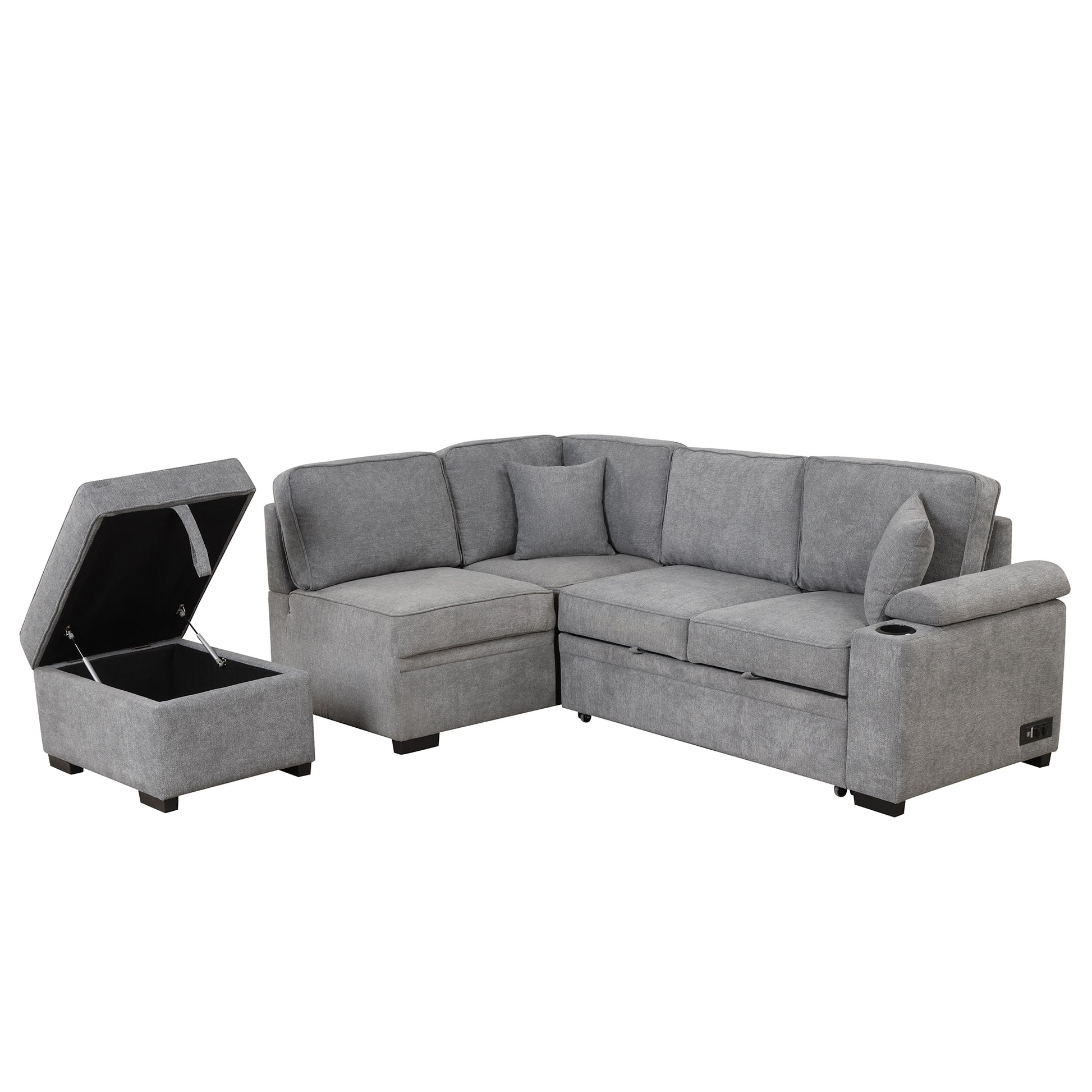 Grey fabric sectional sofa with storage ottoman and cup holder