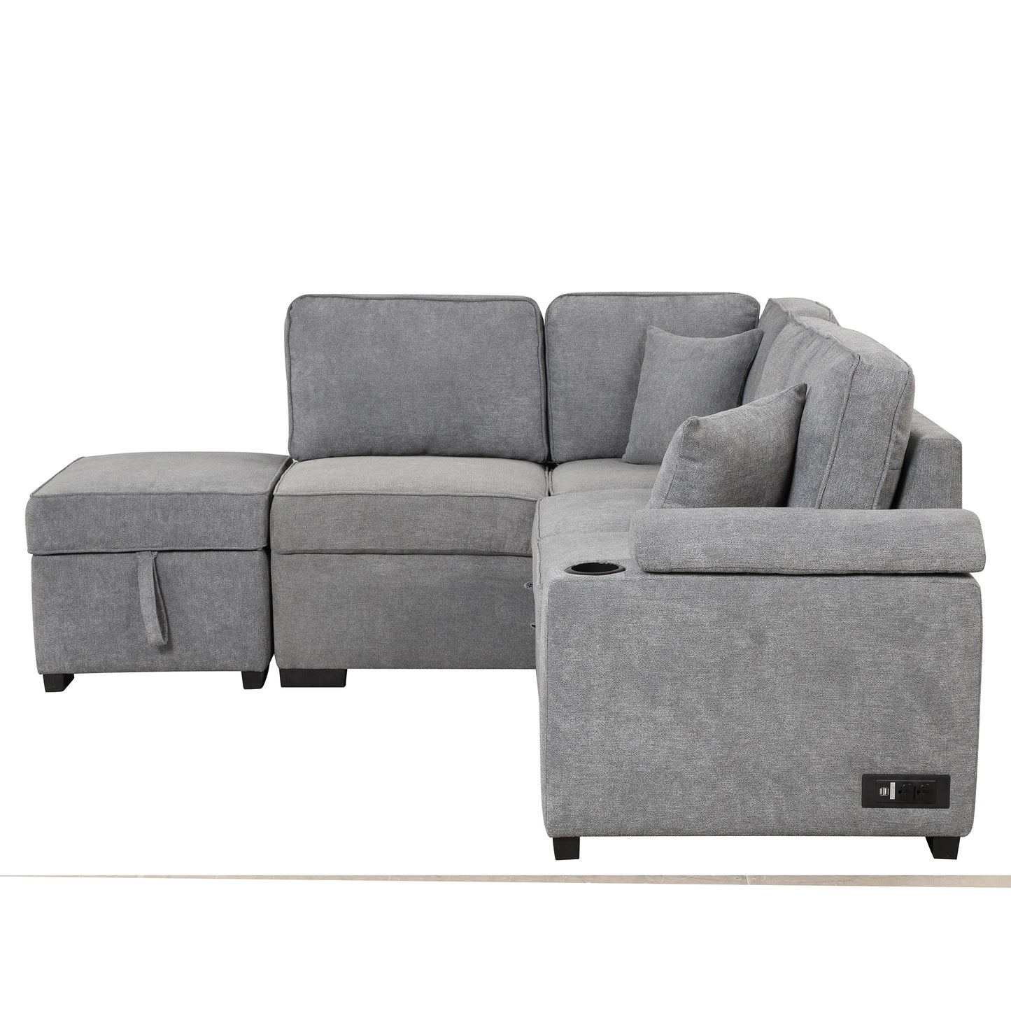 Gray sectional sofa with chaise storage and builtin charging station
