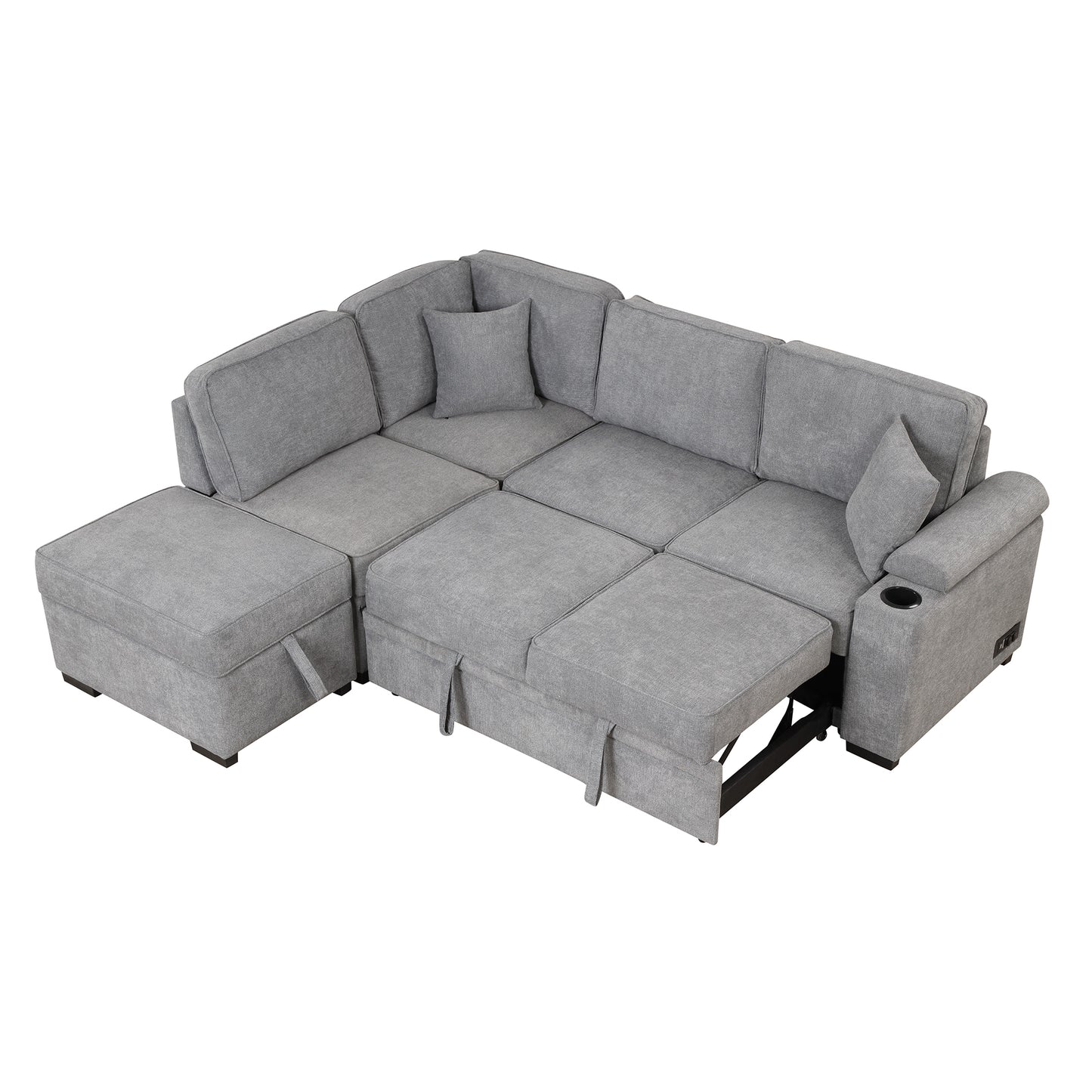 Grey sectional sofa with pullout bed and chaise lounge