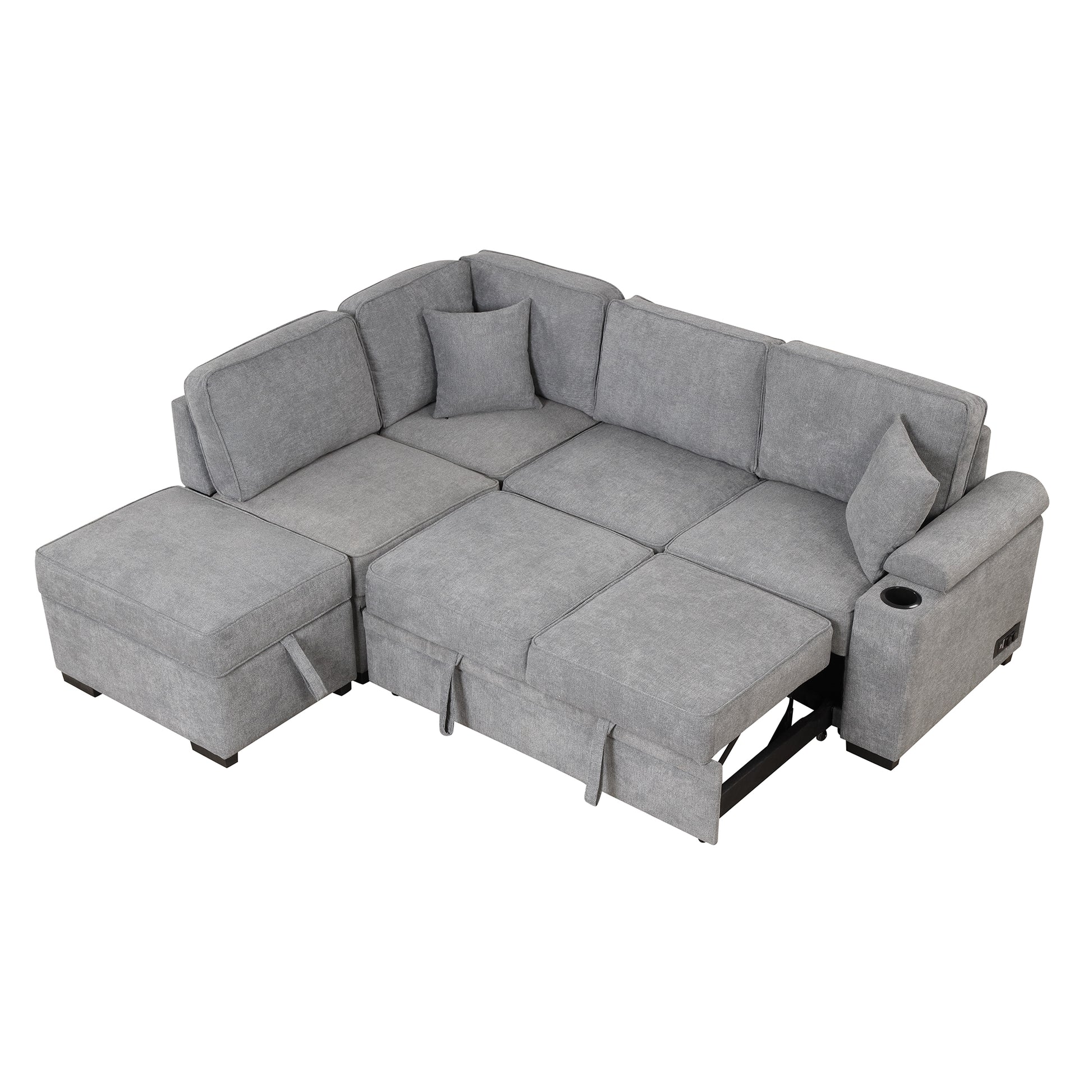 Grey sectional sofa with pullout bed and chaise lounge
