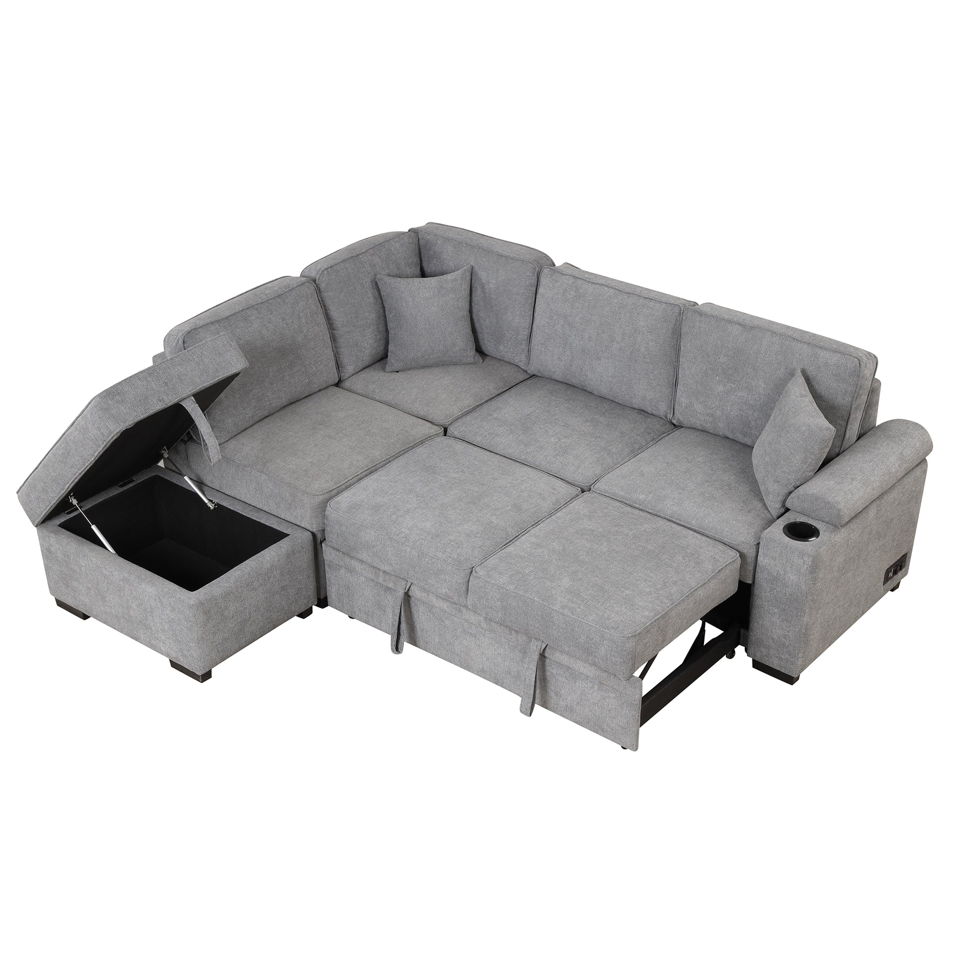 Grey sectional sofa with open storage chaise and pullout bed feature