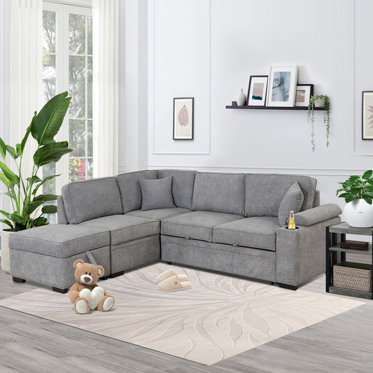Grey fabric sectional sofa with chaise lounge and builtin cup holder