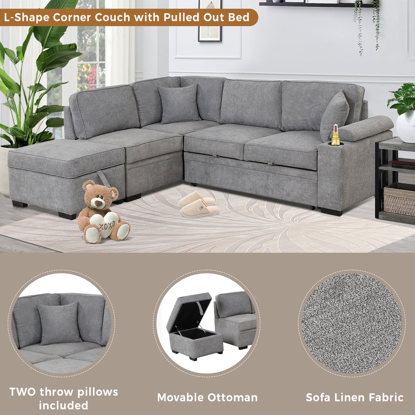 Gray Lshape sectional couch with pullout bed plush cushions and builtin cup holder