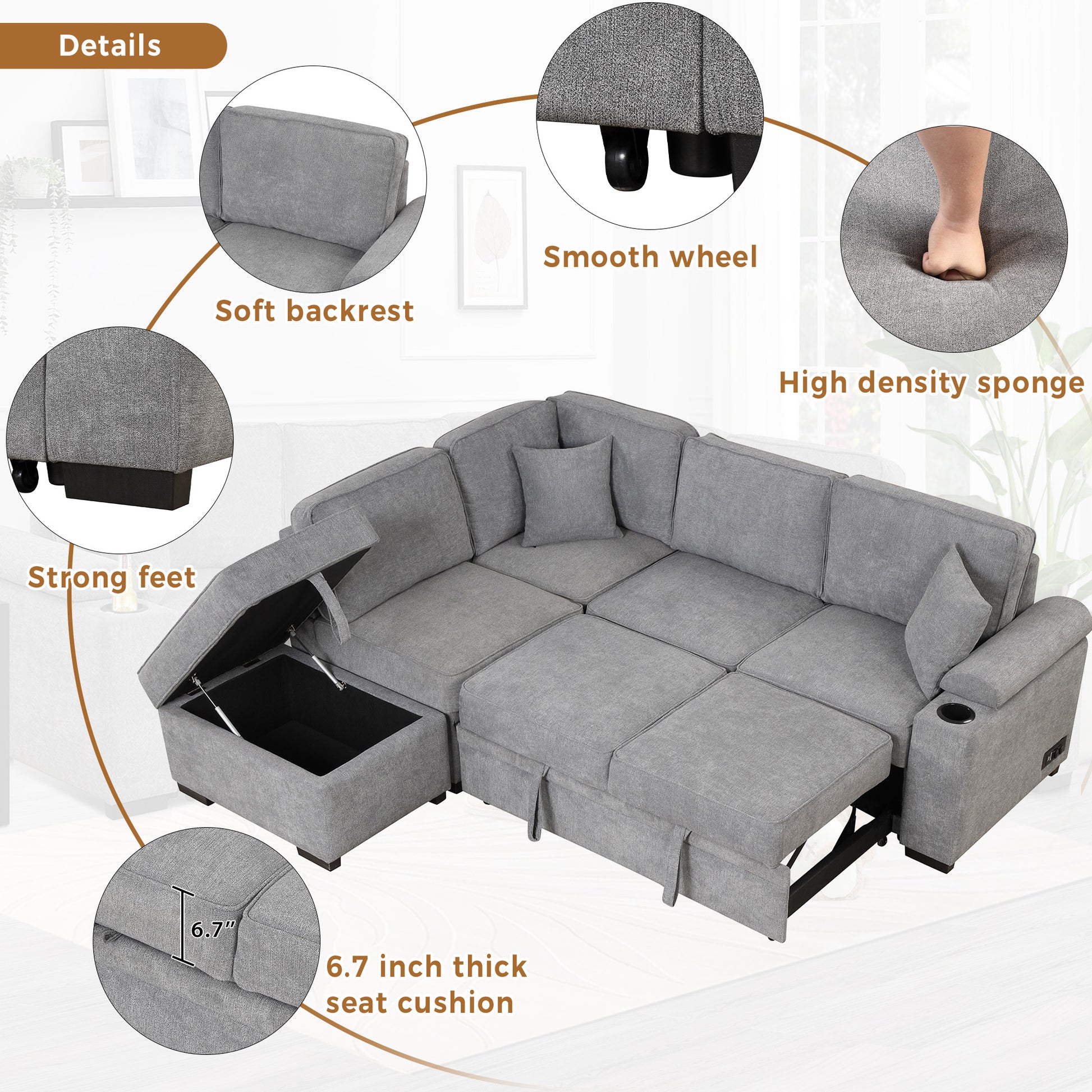 Gray sectional sofa with storage chaise featuring plush cushions and a modern design