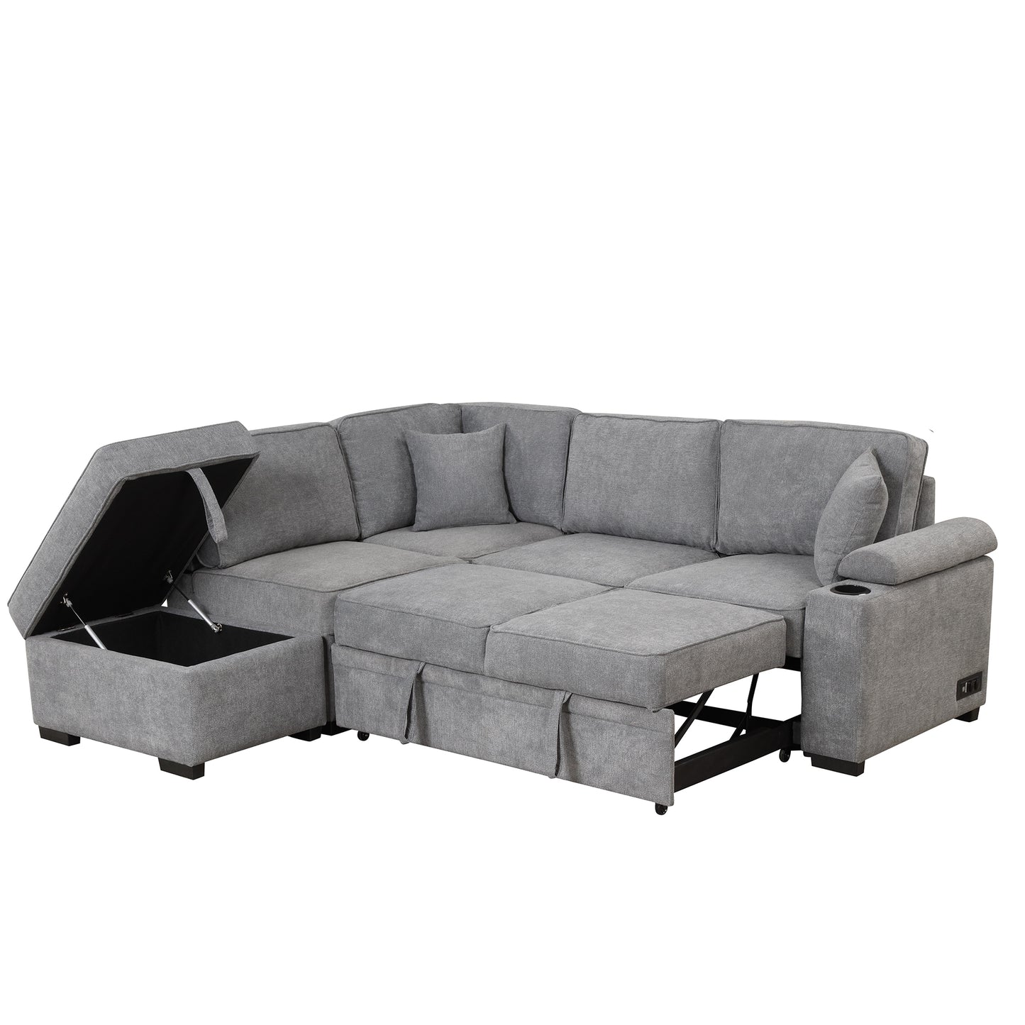 Gray fabric sectional sofa with storage ottoman and pullout bed mechanism