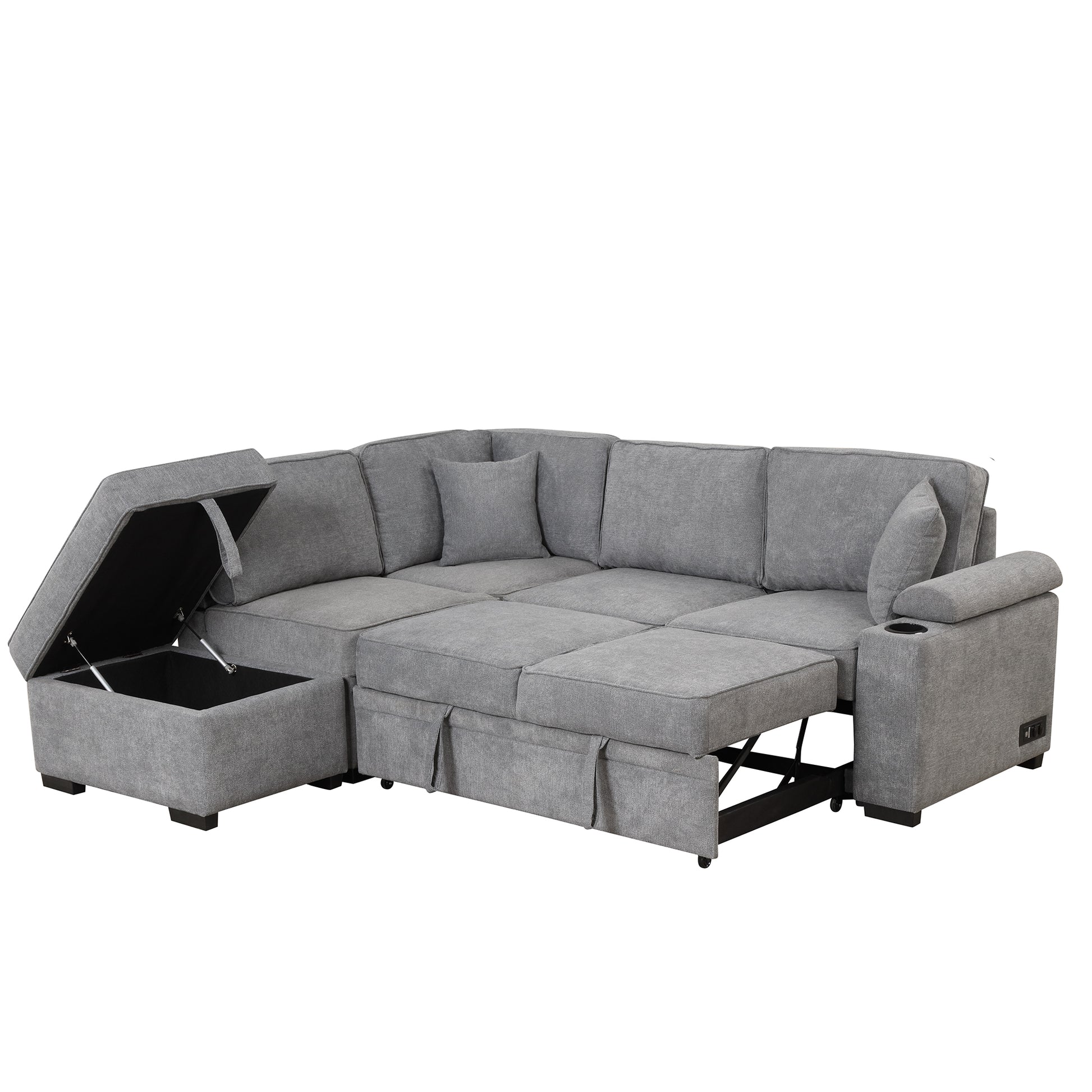Gray fabric sectional sofa with storage ottoman and pullout bed mechanism