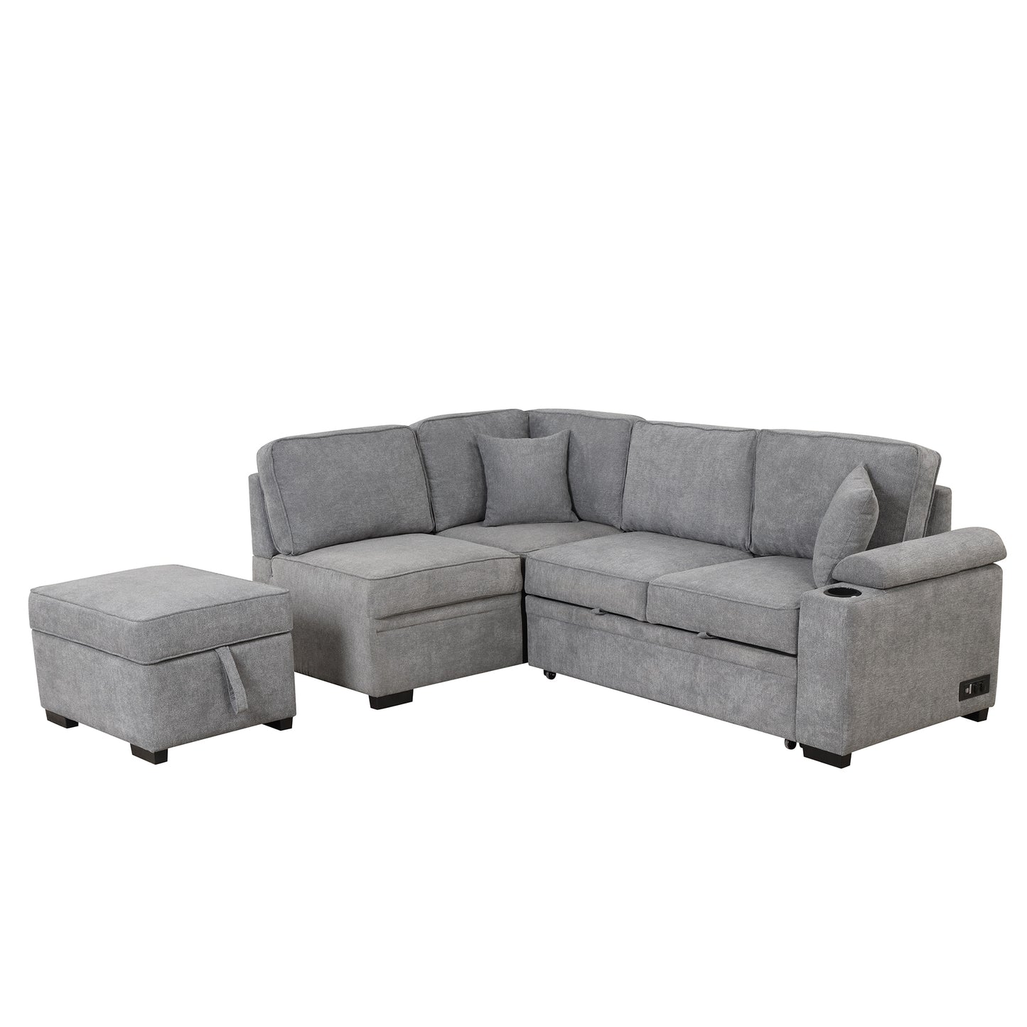 Gray fabric sectional sofa with ottoman and builtin cup holder and USB charging port