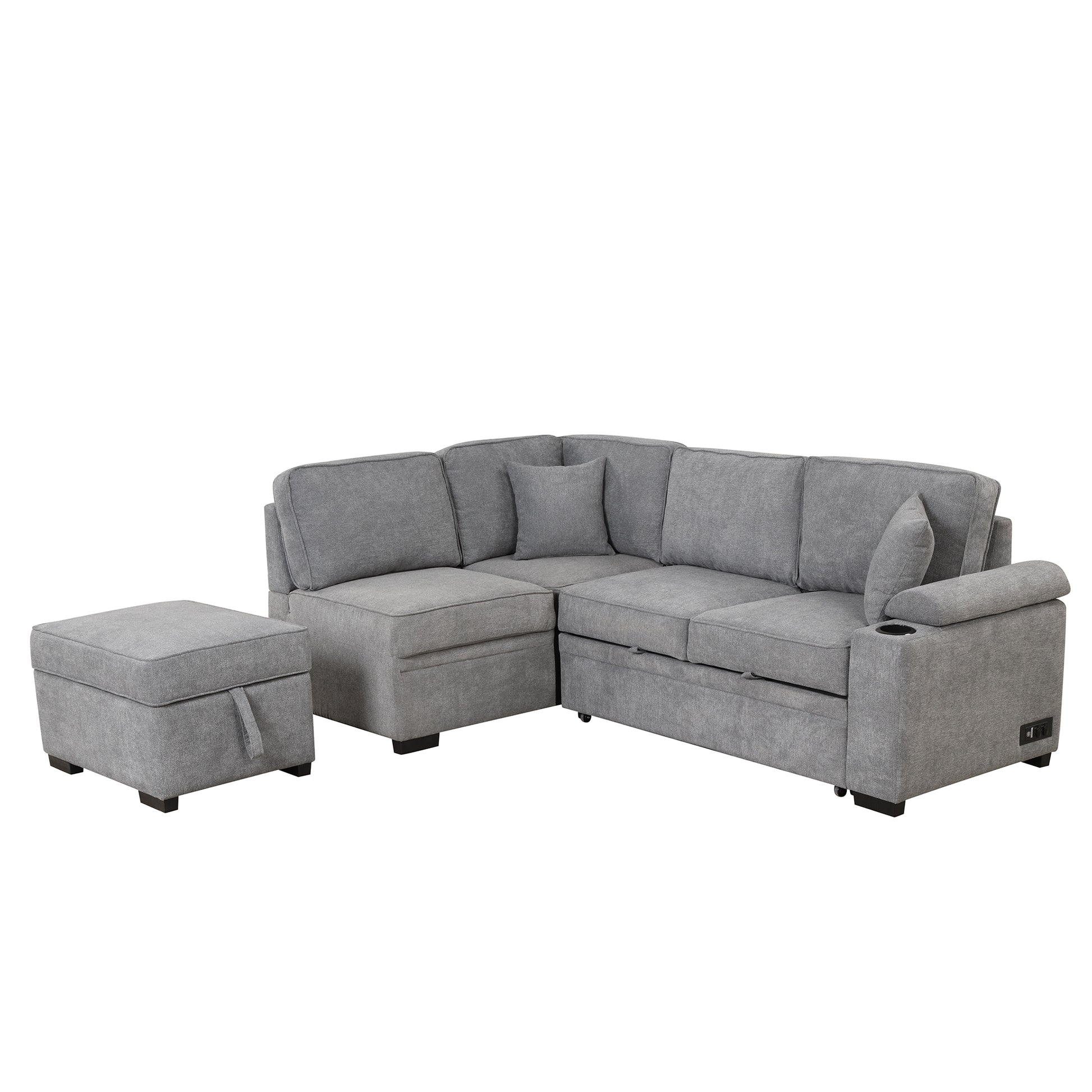 Gray fabric sectional sofa with ottoman and builtin cup holder and USB charging port