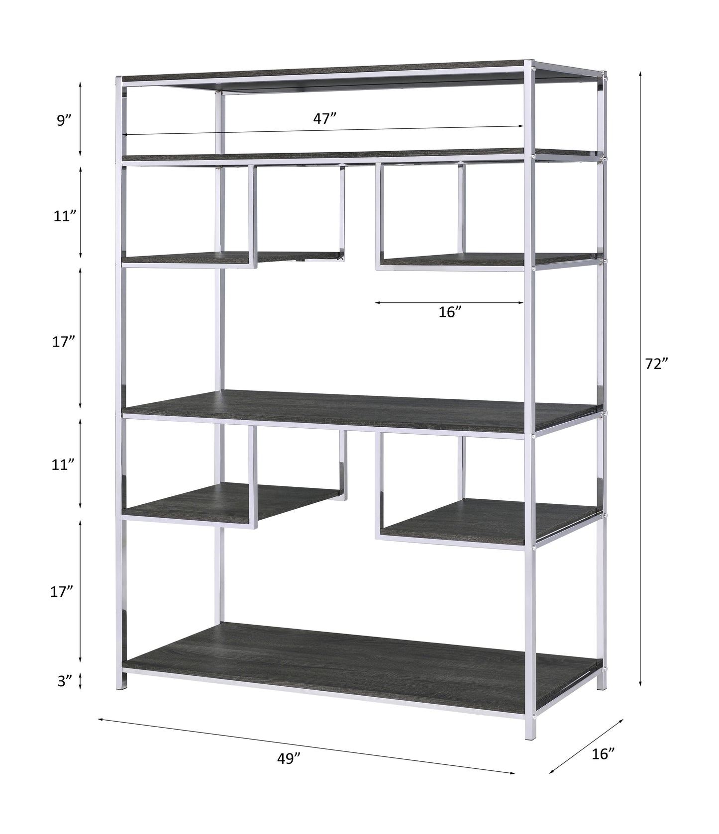 Modern silver metal shelf unit with dark wood grain shelves