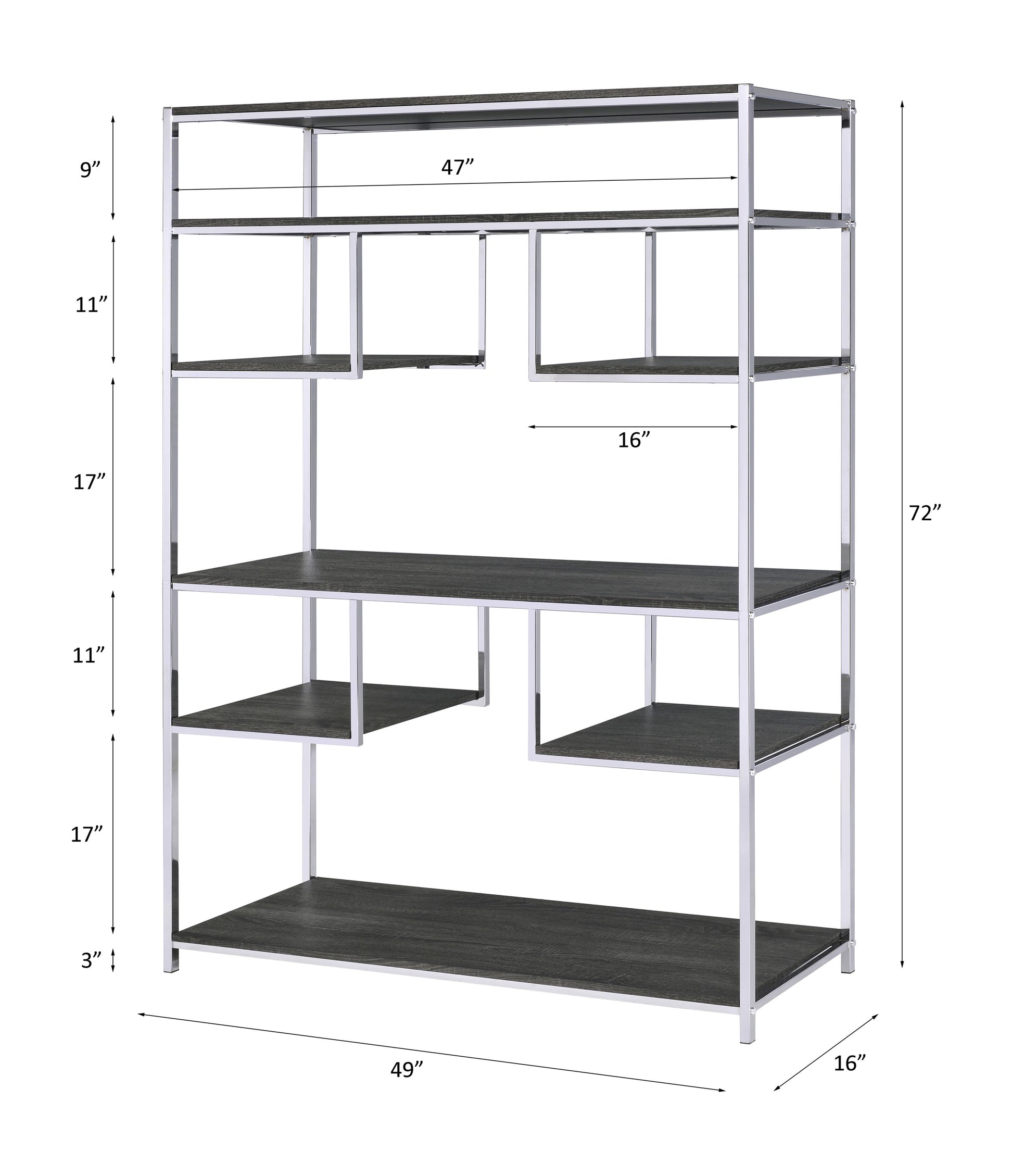 Modern silver metal shelf unit with dark wood grain shelves