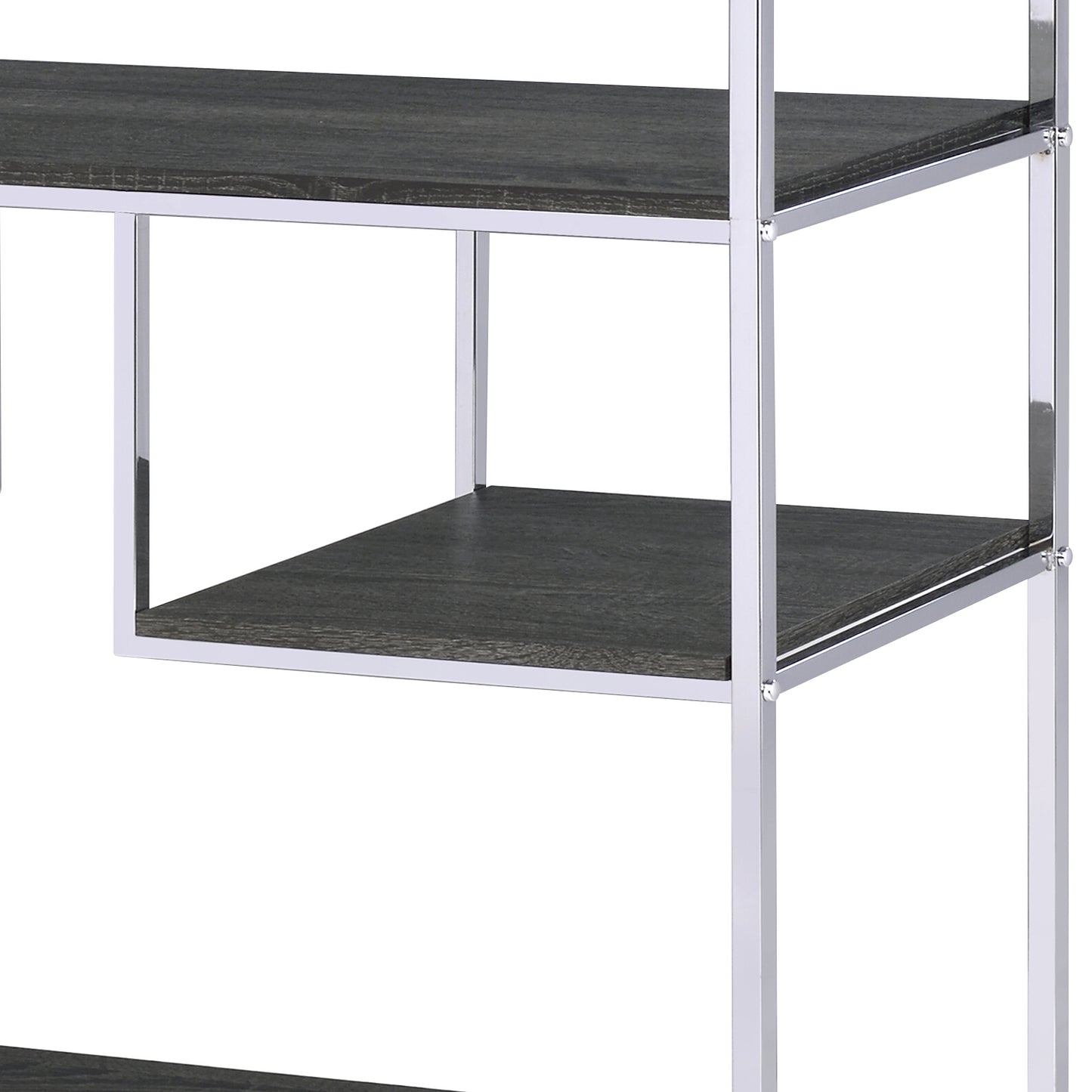 Dark grey wood grain shelf with chrome frame