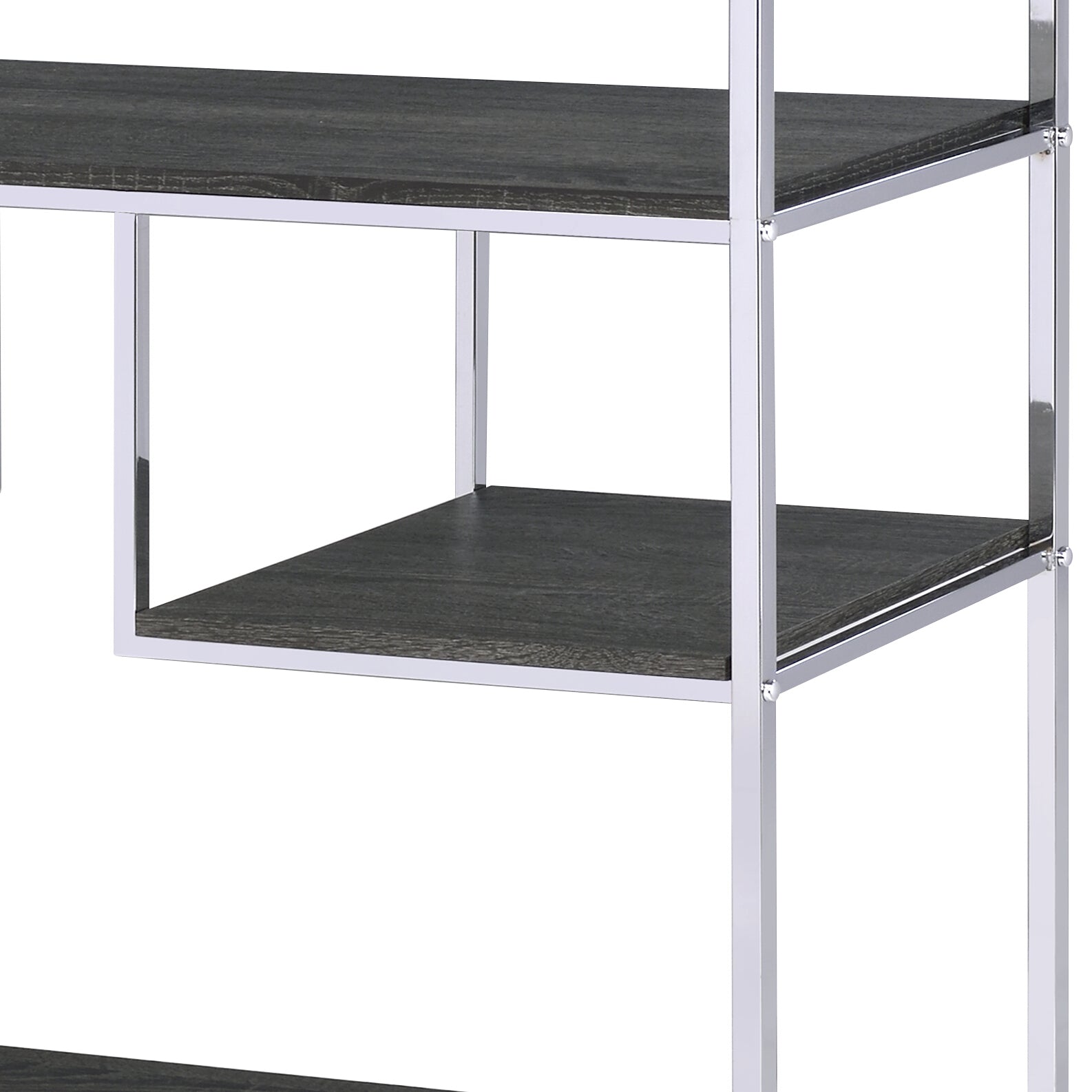 Dark grey wood grain shelf with chrome frame