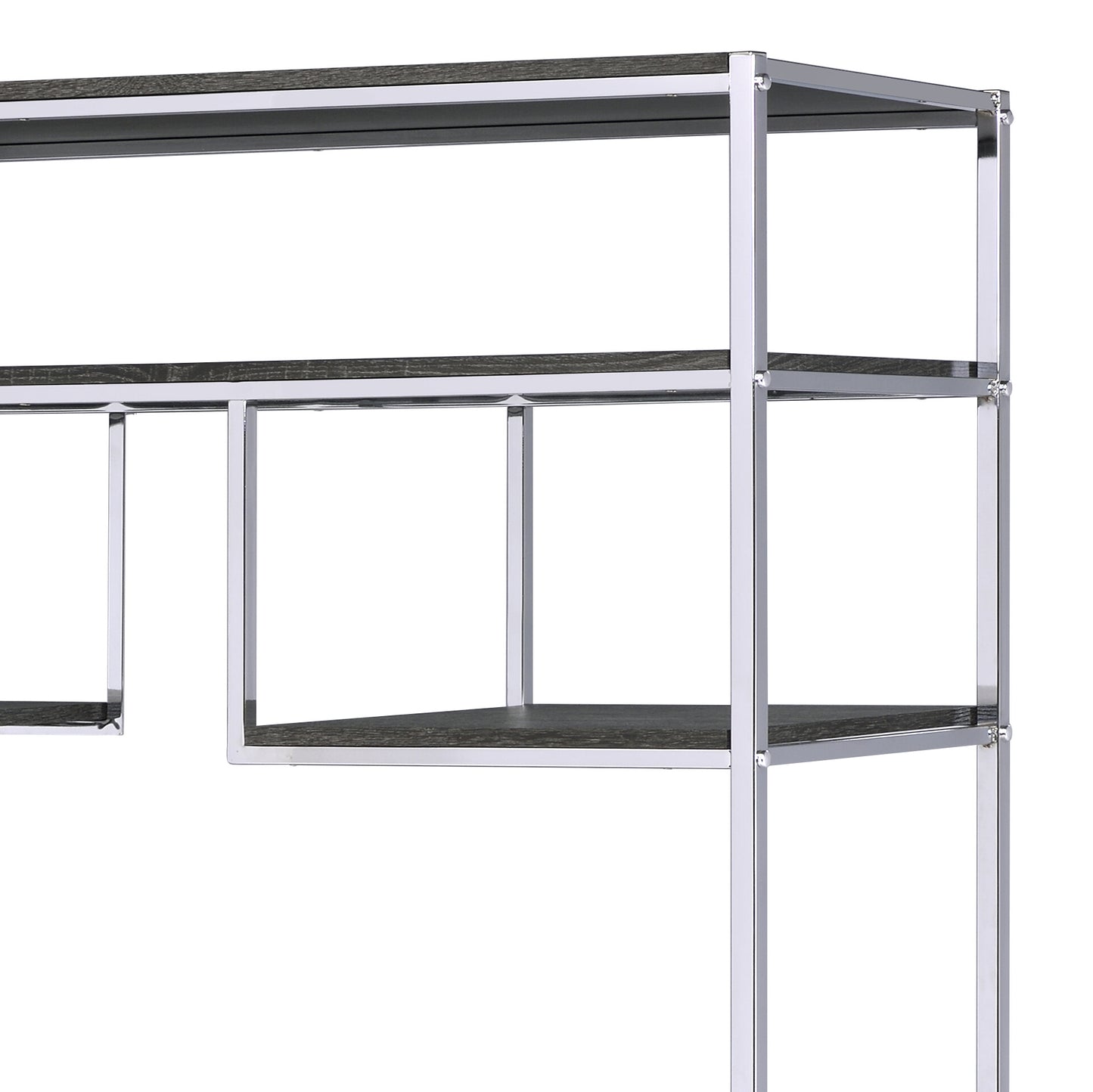 Closeup of a modern chrome and dark wood bookshelf