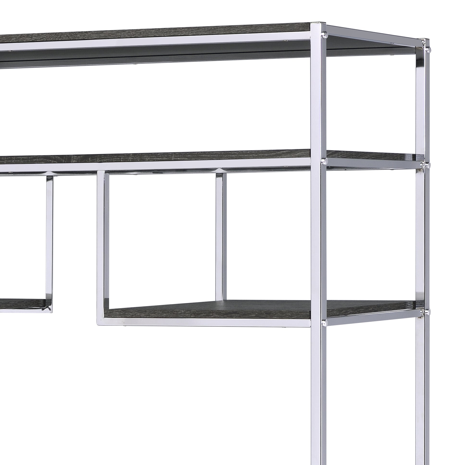 Closeup of a modern chrome and dark wood bookshelf