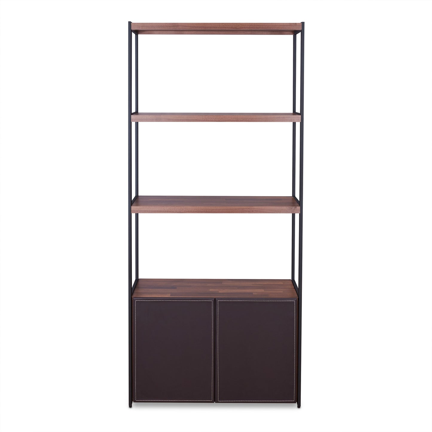 Modern metal and wood bookshelf with three open shelves and two dark brown cabinets