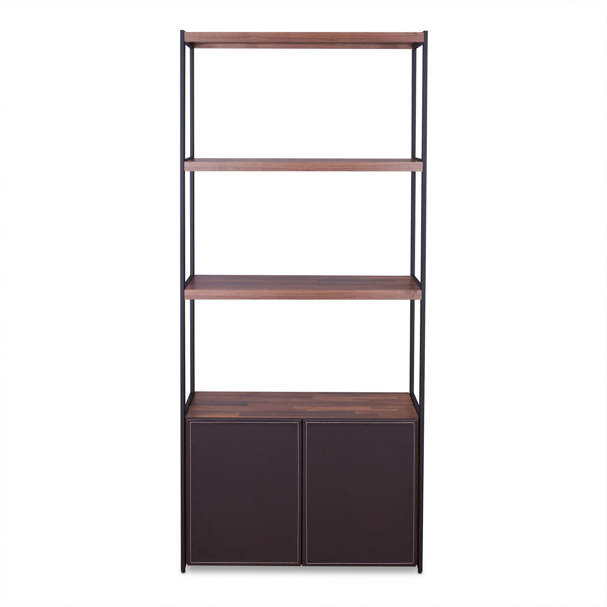 Modern metal and wood bookshelf with three open shelves and two dark brown cabinets