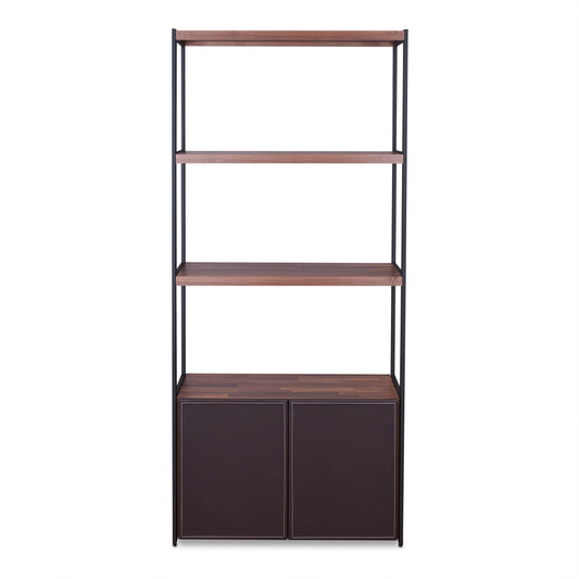 Modern metal and wood bookshelf with three open shelves and two dark brown cabinets