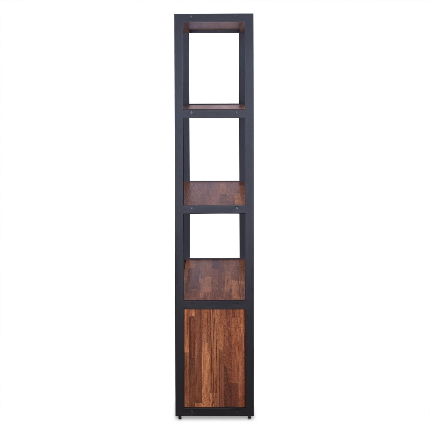 Tall industrial bookshelf with dark metal frame and five walnut wood shelves
