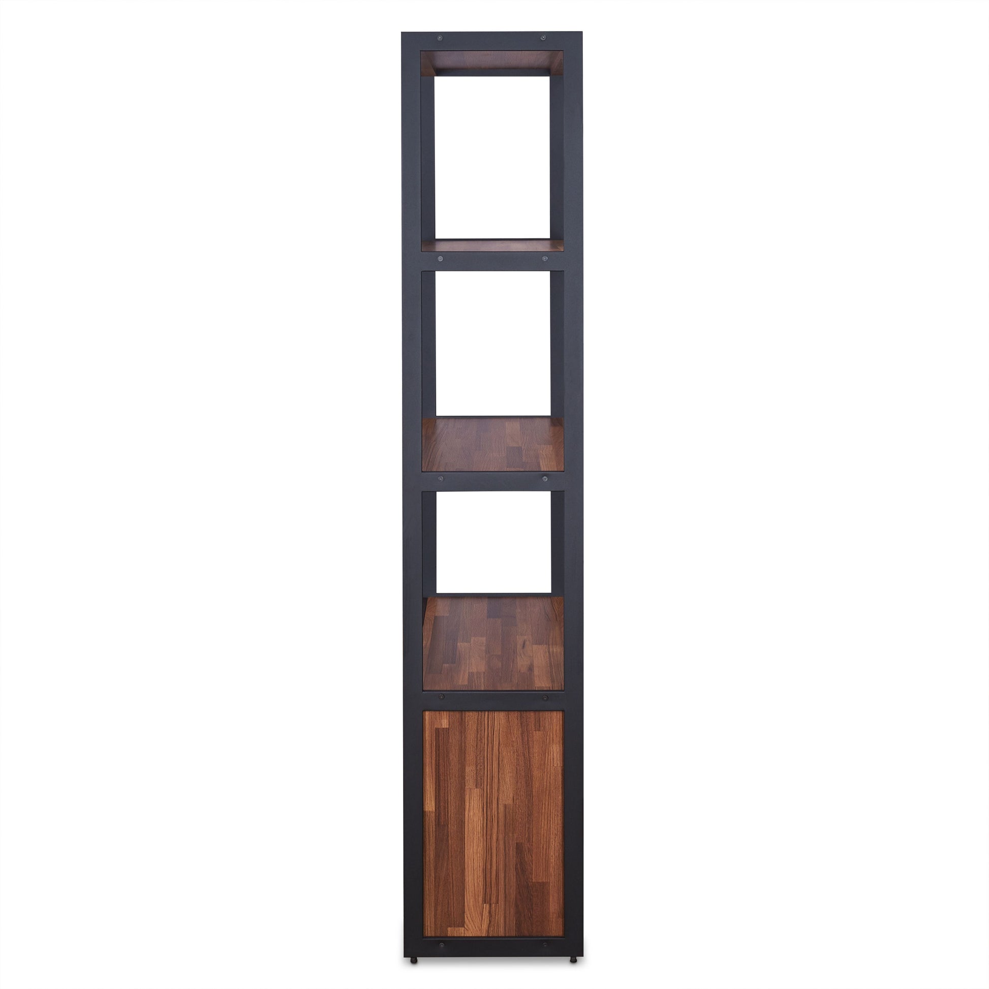 Tall industrial bookshelf with dark metal frame and five walnut wood shelves