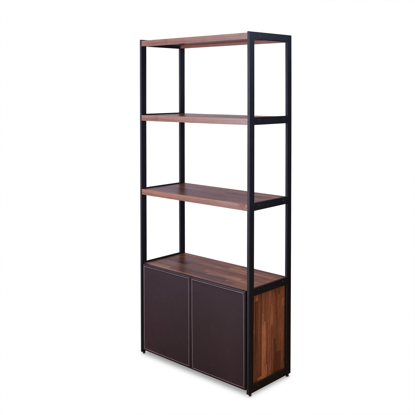 Modern industrial bookshelf with dark wood shelves and black metal frame