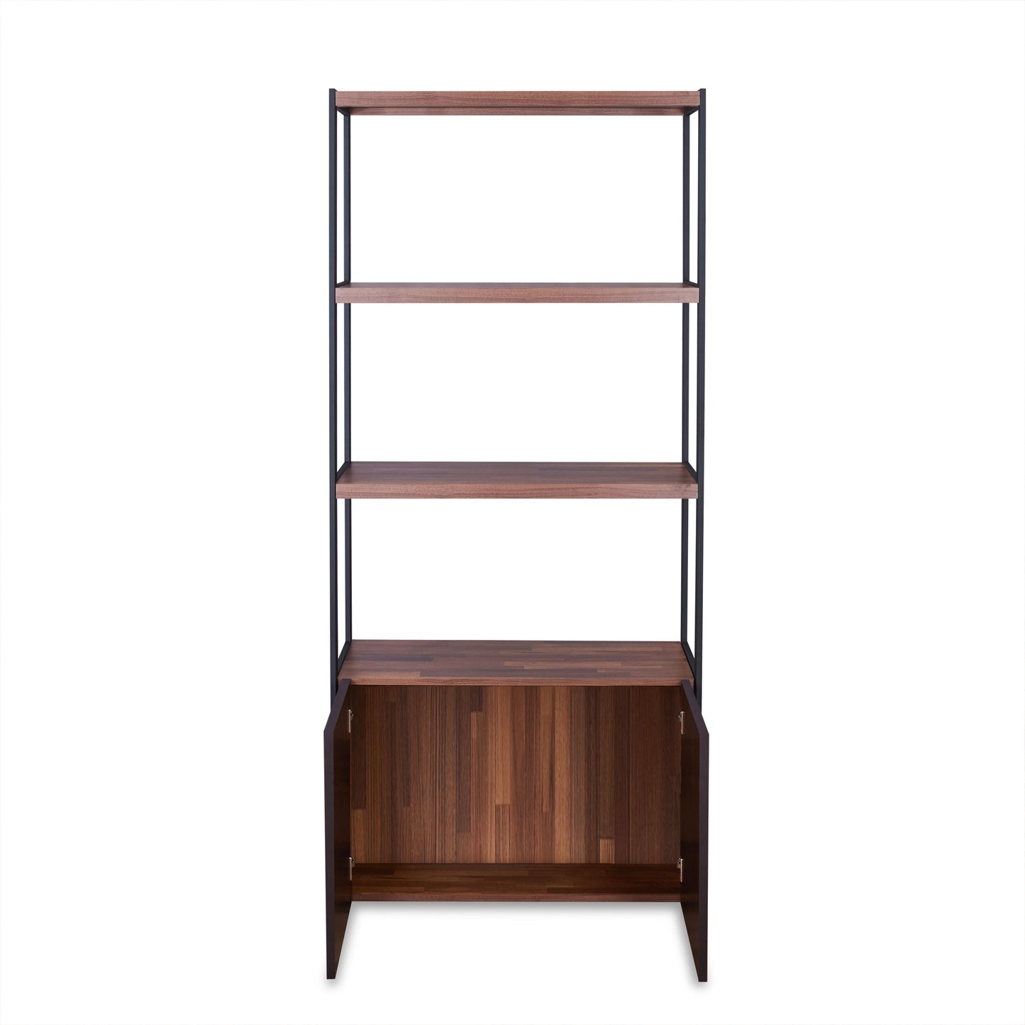 Walnut wood tall bookshelf with black metal frame and open cabinet doors