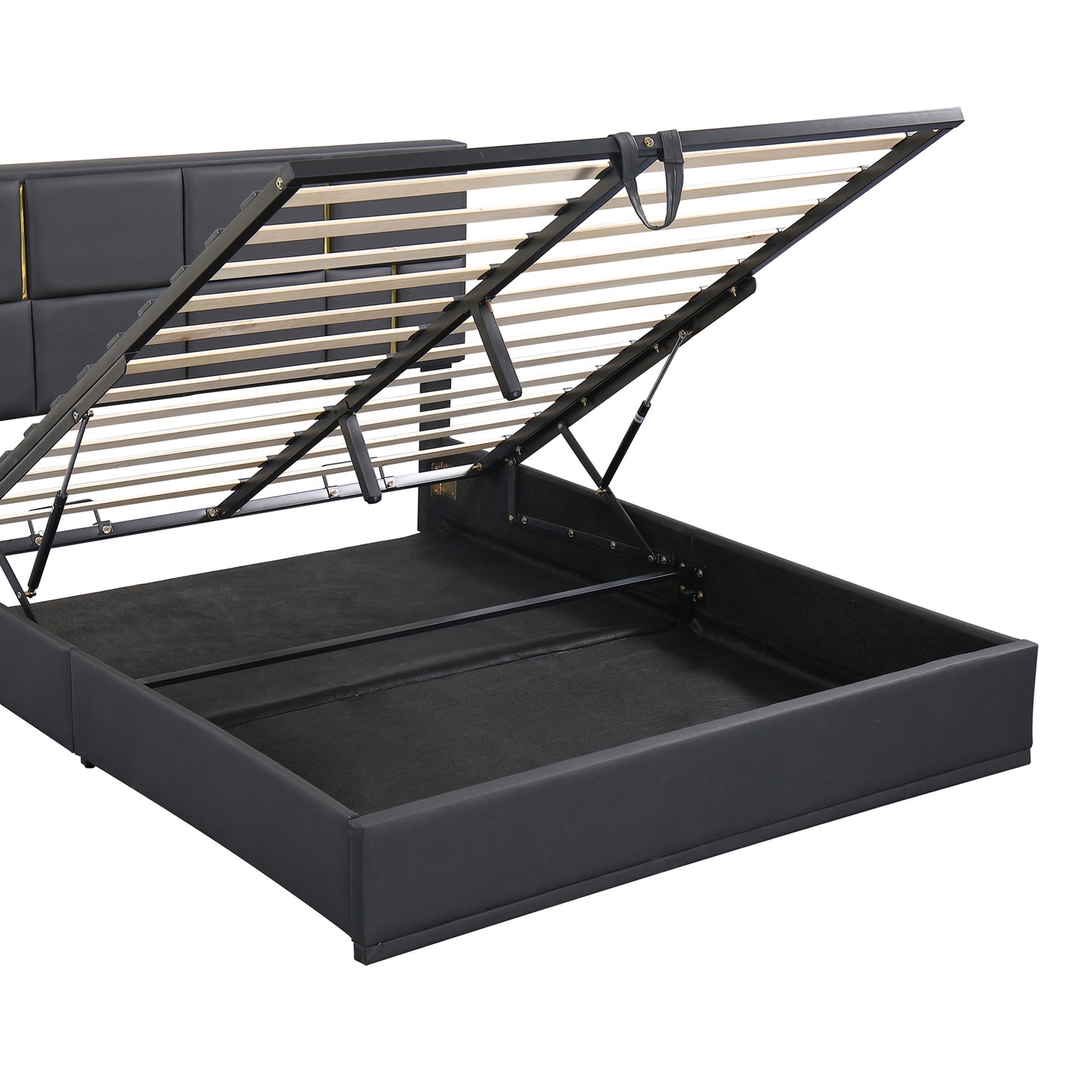 Black upholstered ottoman bed frame with gas lift mechanism and slatted base visible