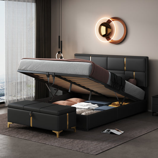Black faux leather upholstered bed with liftup storage and gold accents