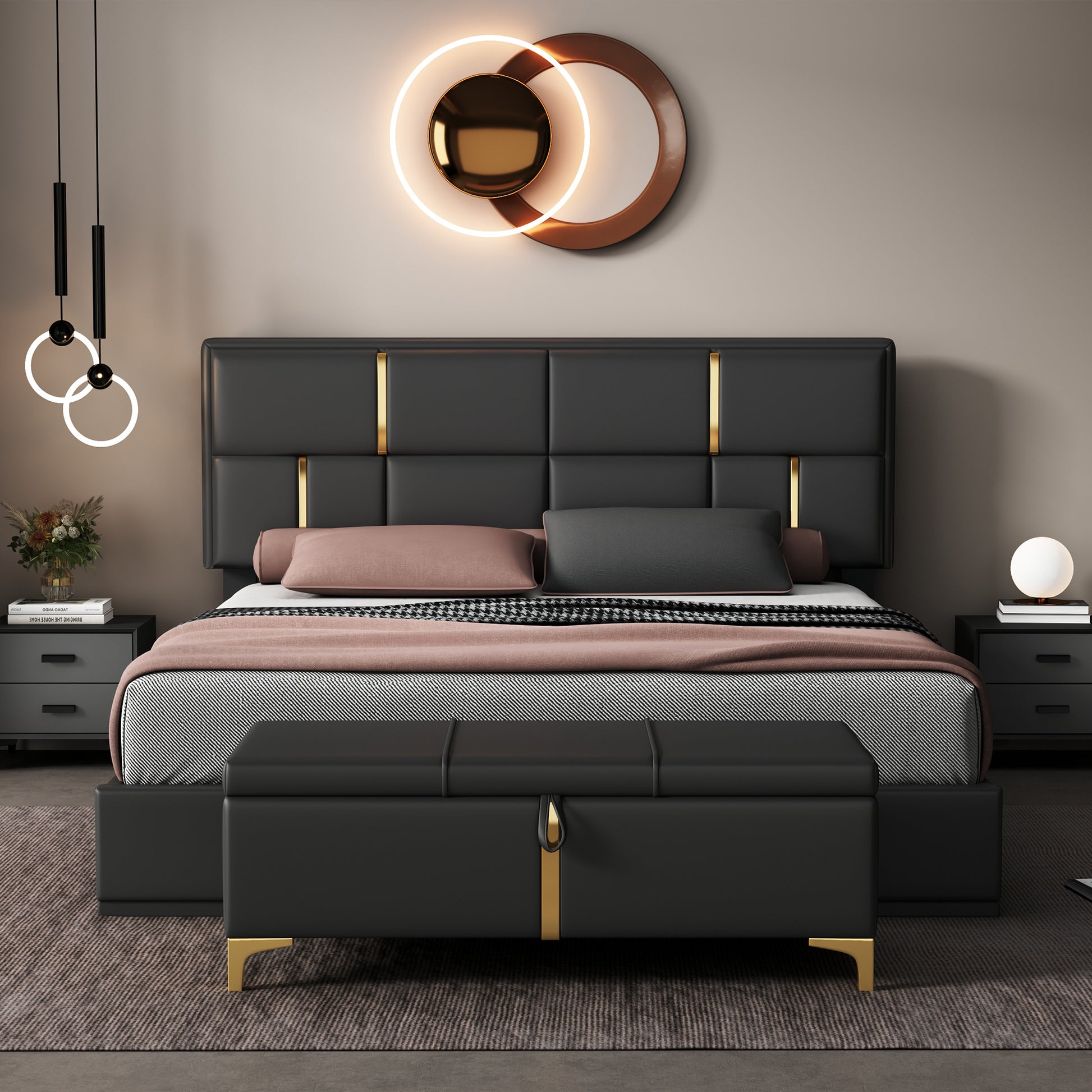 Modern black leather bed with gold accents and matching storage bench