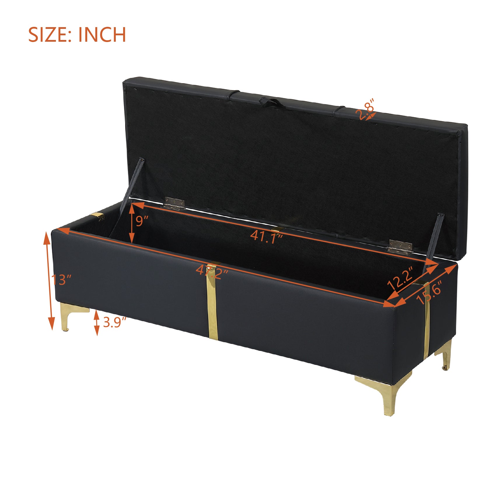 Black faux leather storage bench with gold accents