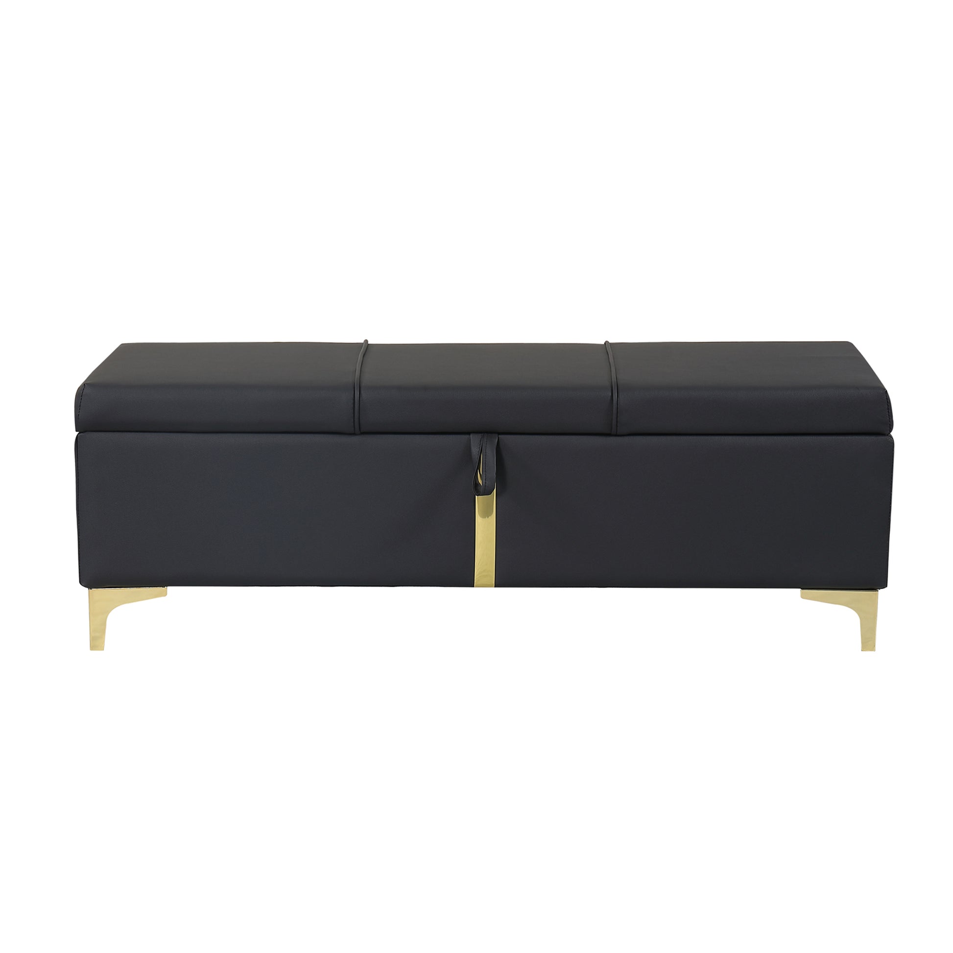 Black faux leather storage bench with gold legs and accent