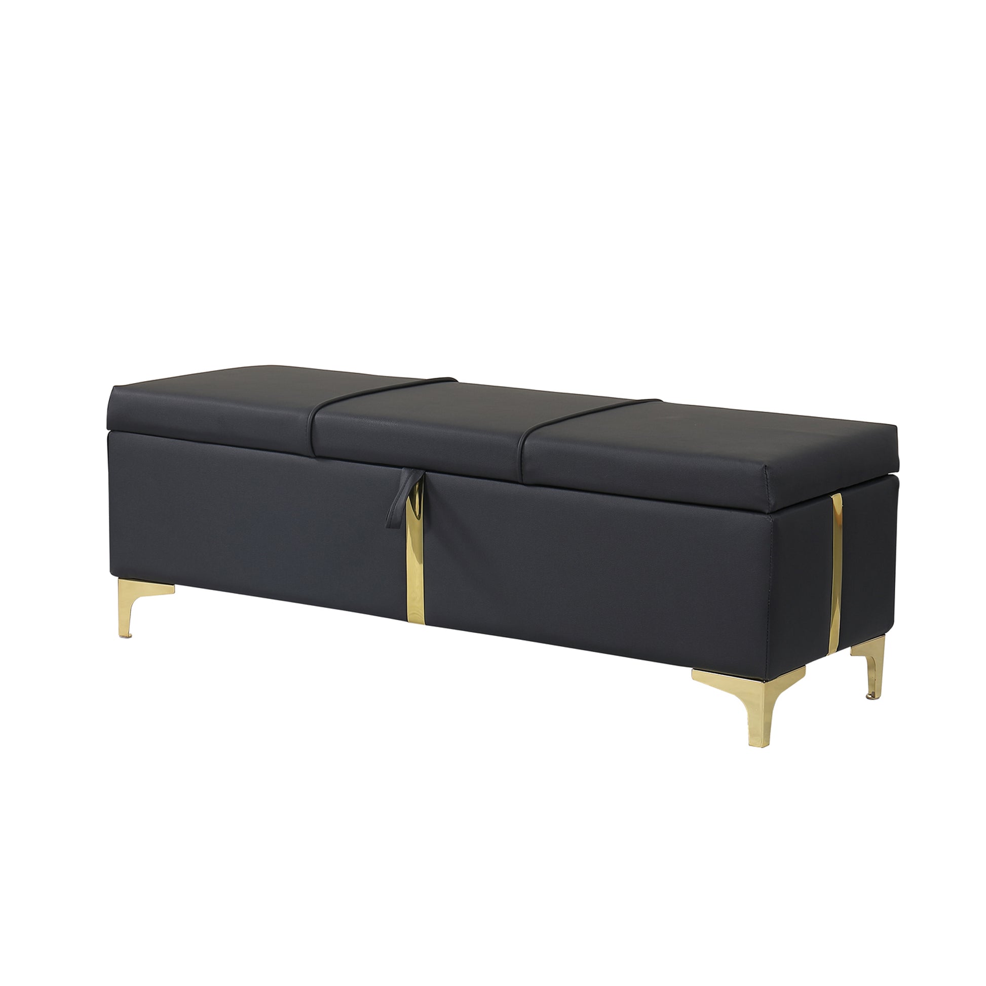 Black faux leather storage bench with gold accents and legs