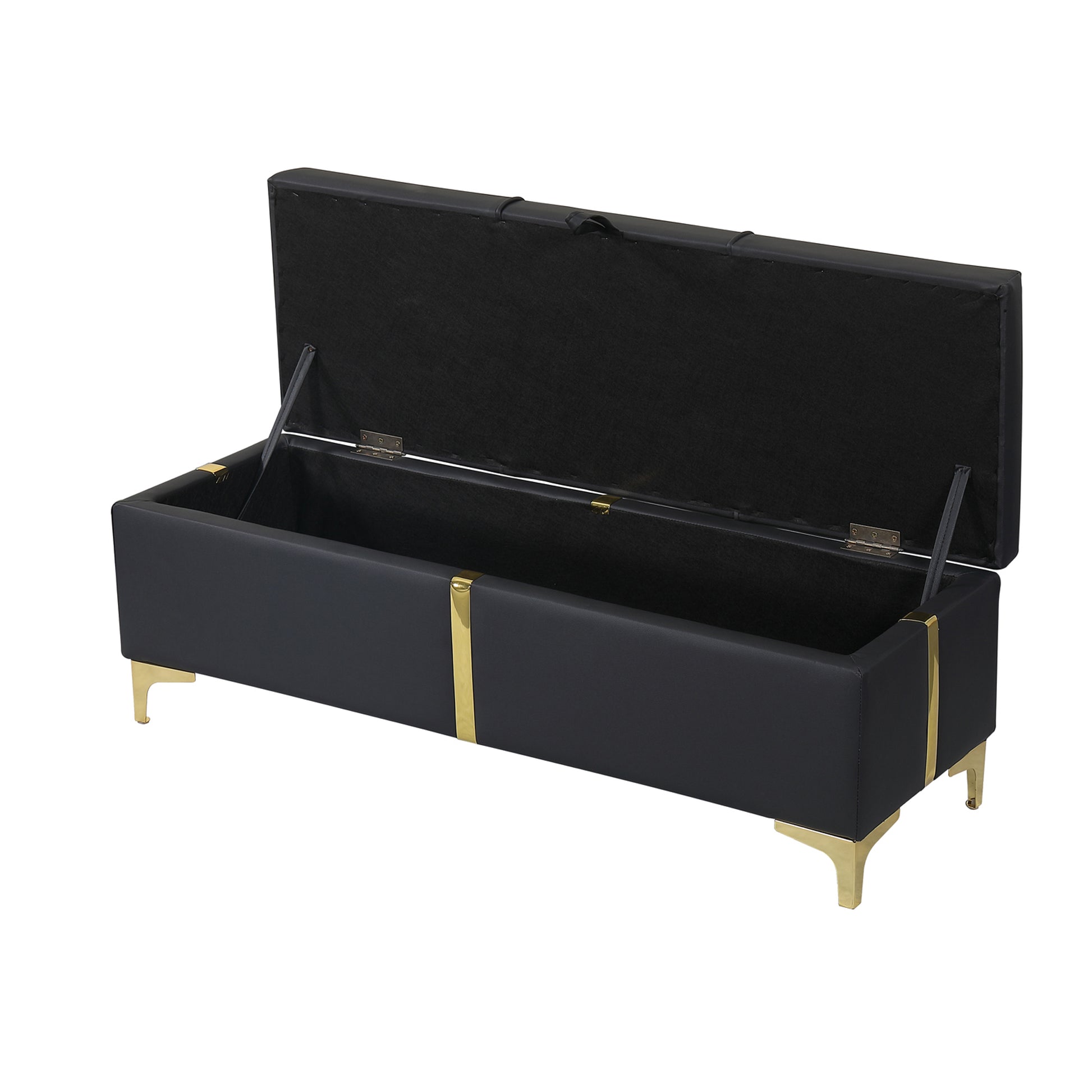 Black faux leather storage bench with gold accents and open lid