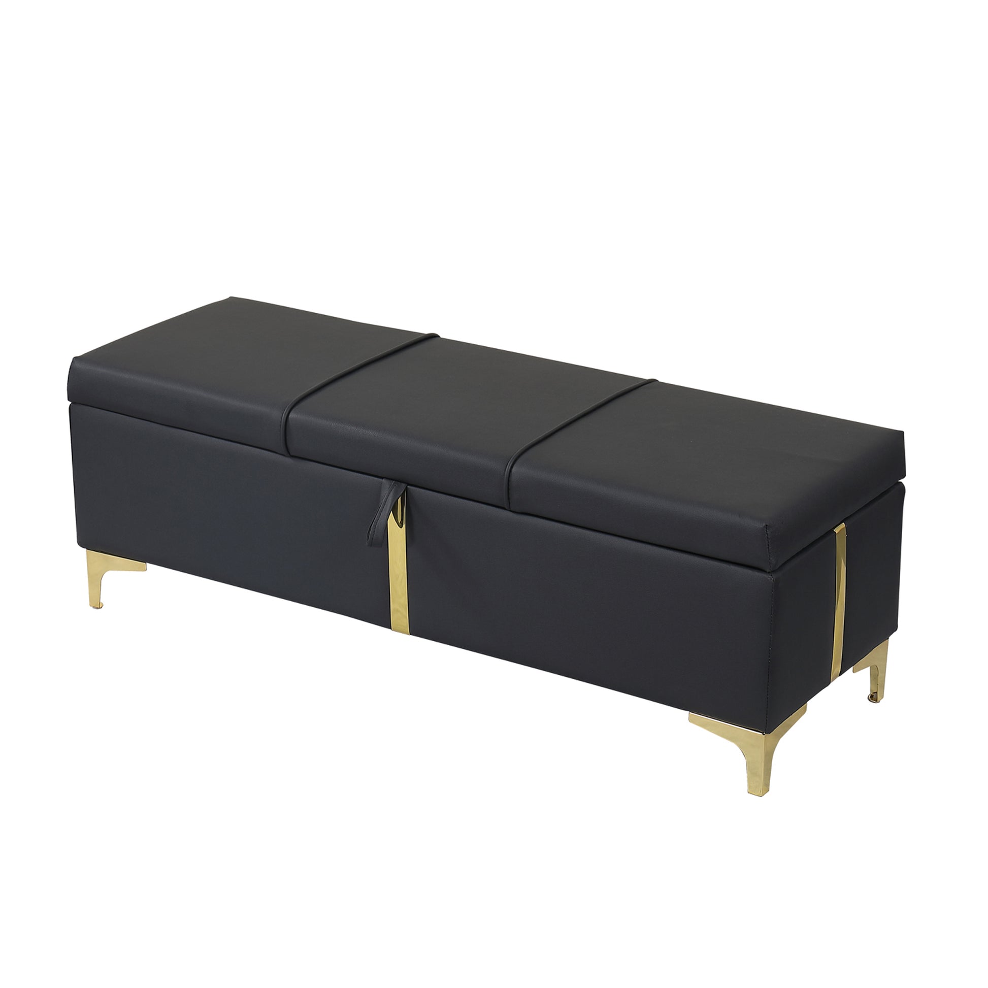 Black faux leather storage bench with gold accents and legs