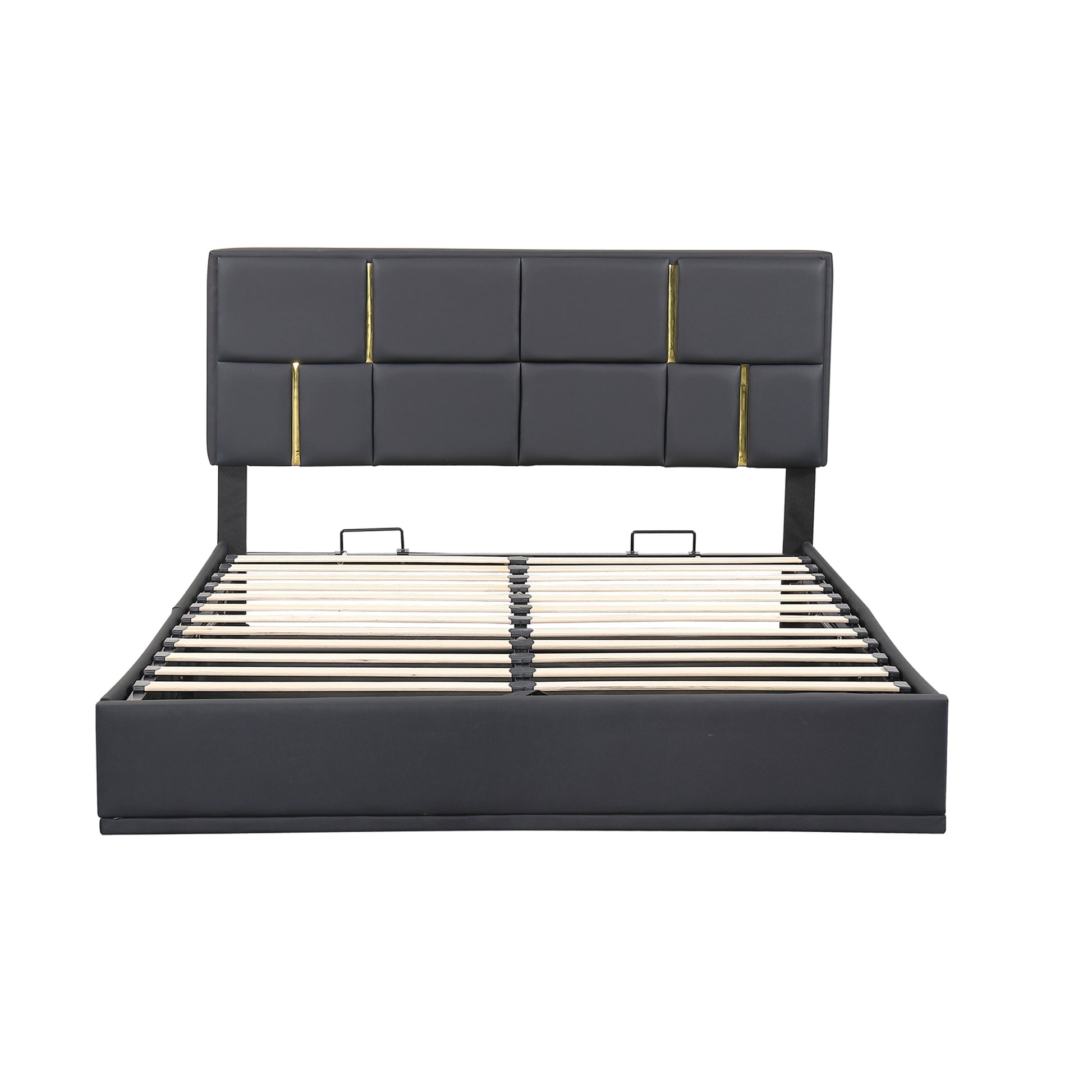 Modern grey upholstered bed frame with gold accents and slatted base