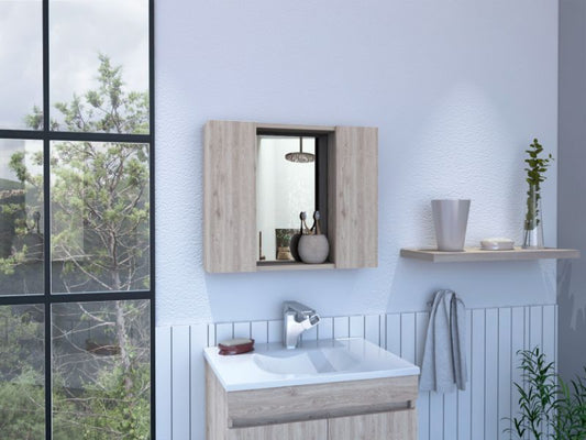 Modern oak bathroom cabinet with mirrored doors and integrated storage