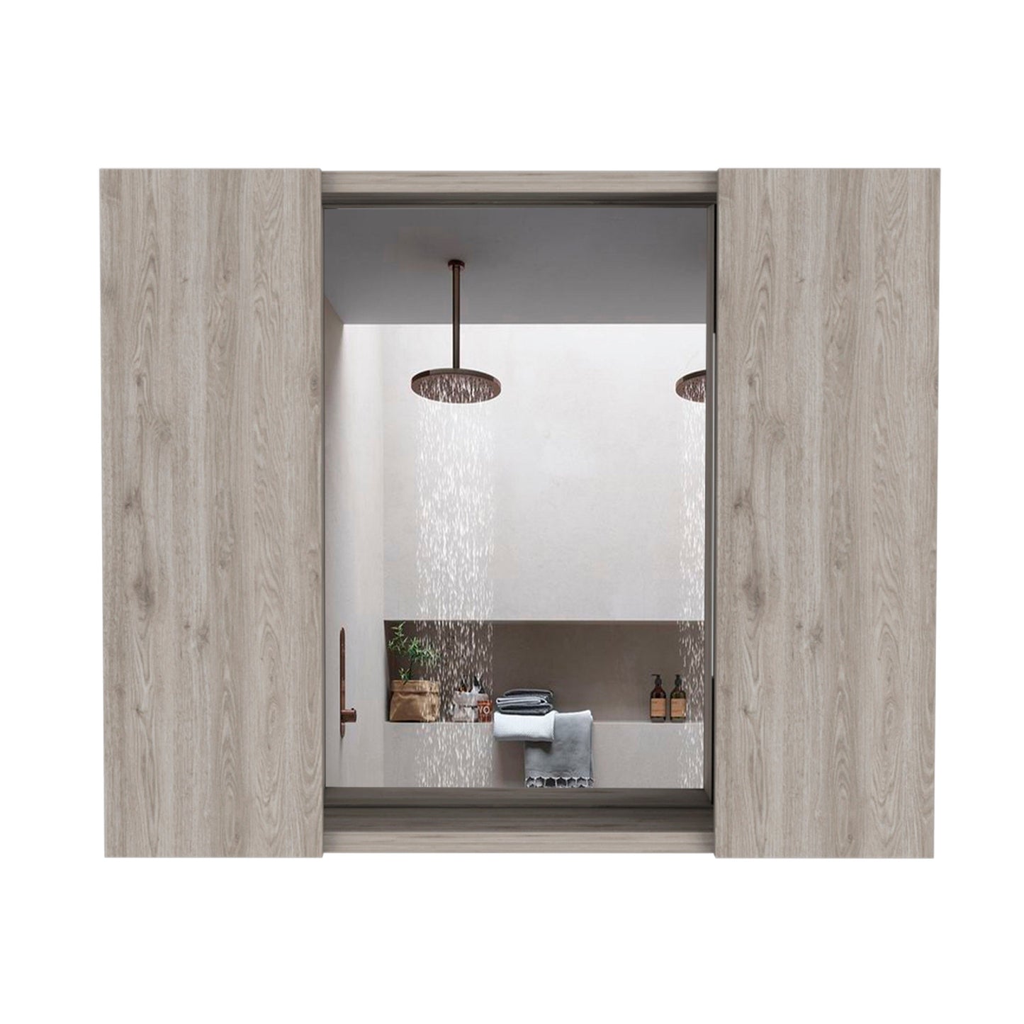 Modern brushed bronze rain shower head with cascading water in a sleek bathroom