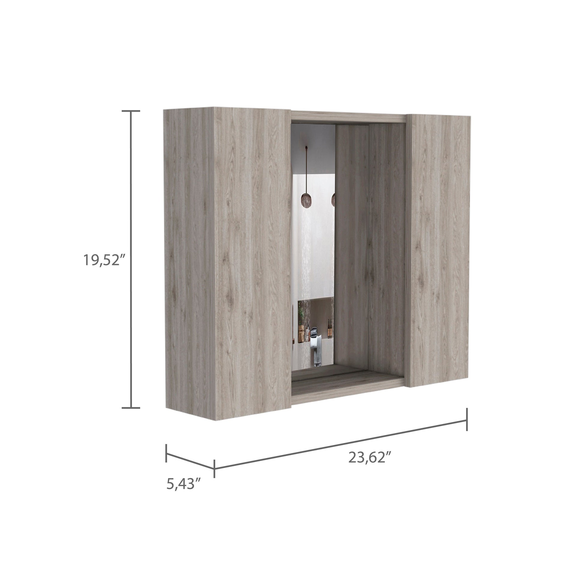 Modern wood grain medicine cabinet with open shelf and mirror ideal for bathroom storage
