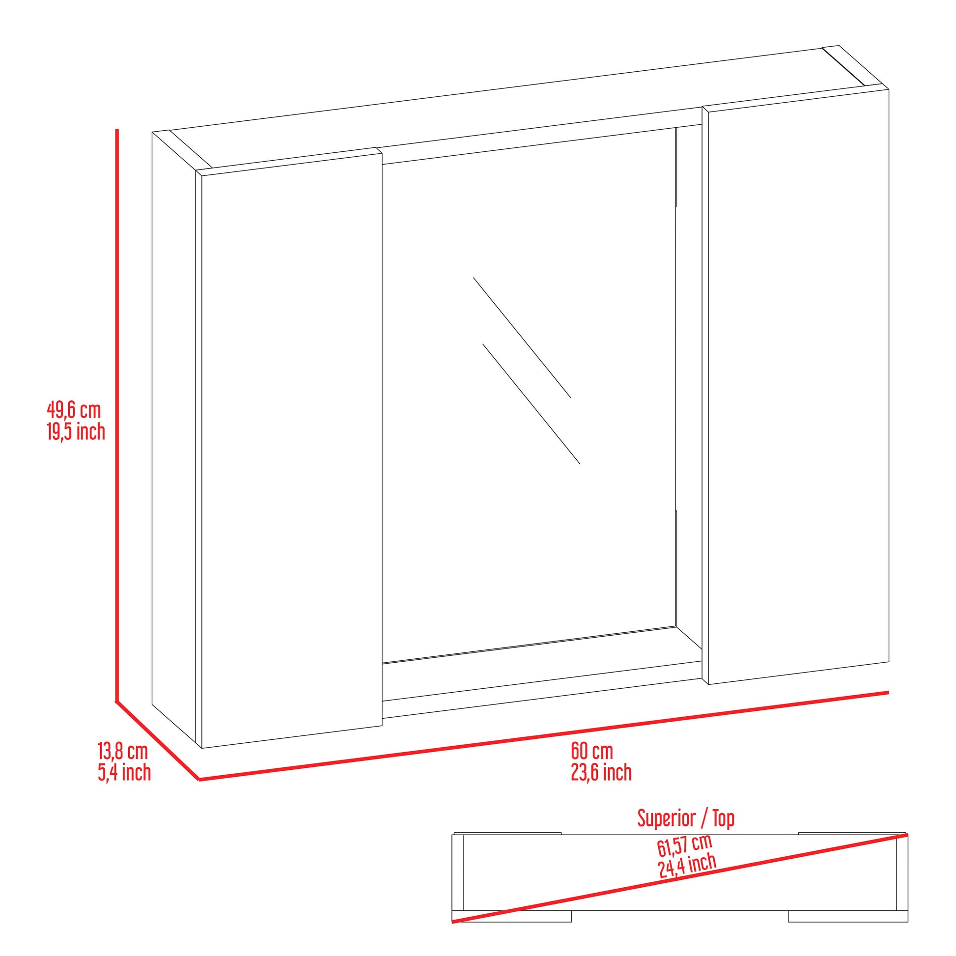 Line drawing of a white medicine cabinet with mirrored doors and dimensions labeled