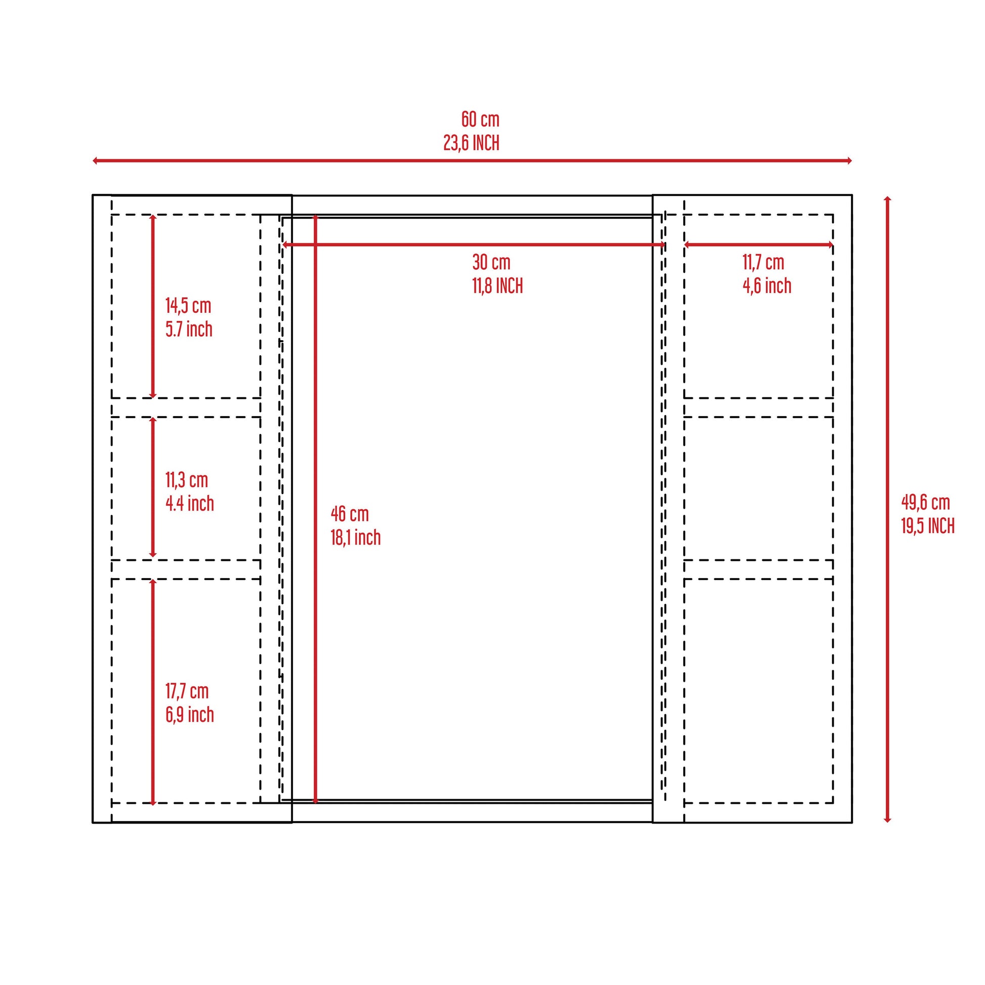 Diagram of a shelf unit with dimensions  cm total width  cm center shelf width