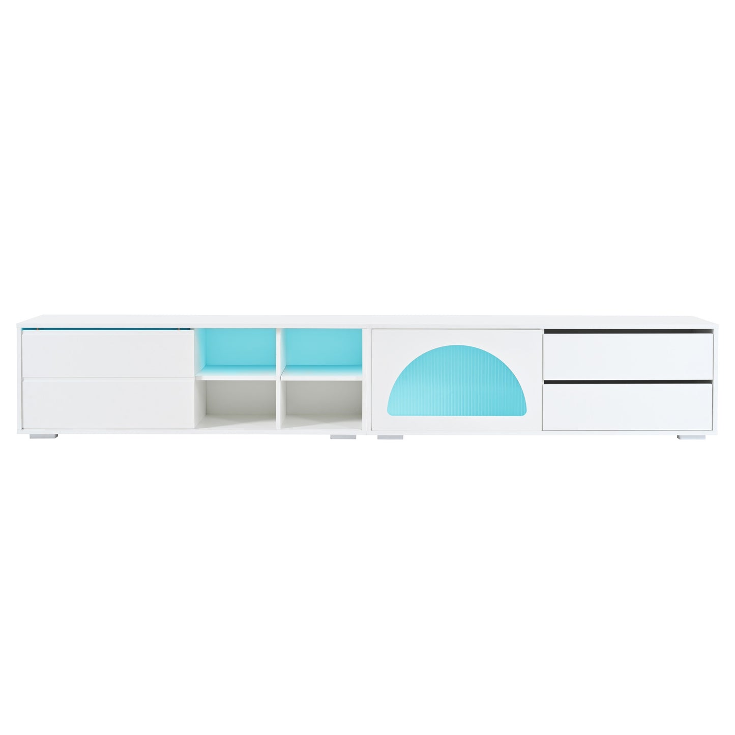Modern white entertainment center with blue illuminated shelving and two drawers