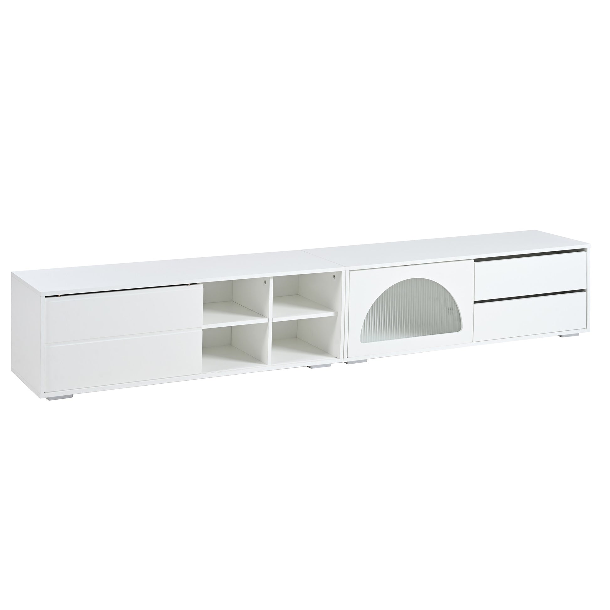 Modern white media console with two drawers and open shelving